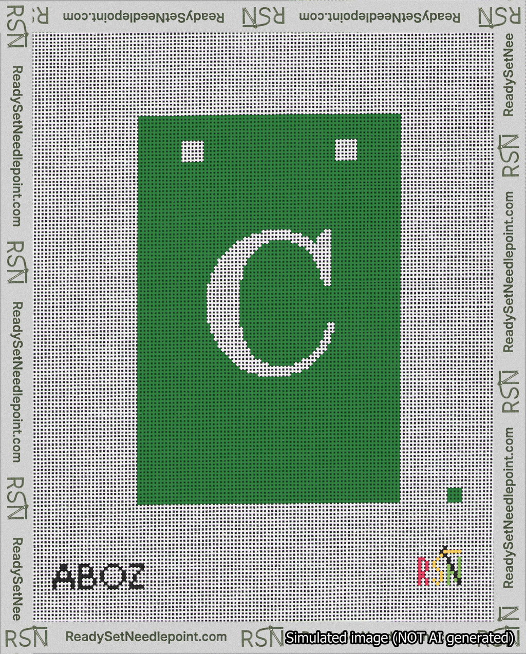 A taped needlepoint canvas with the design: Banner 18 mesh count Squared C White on Green.