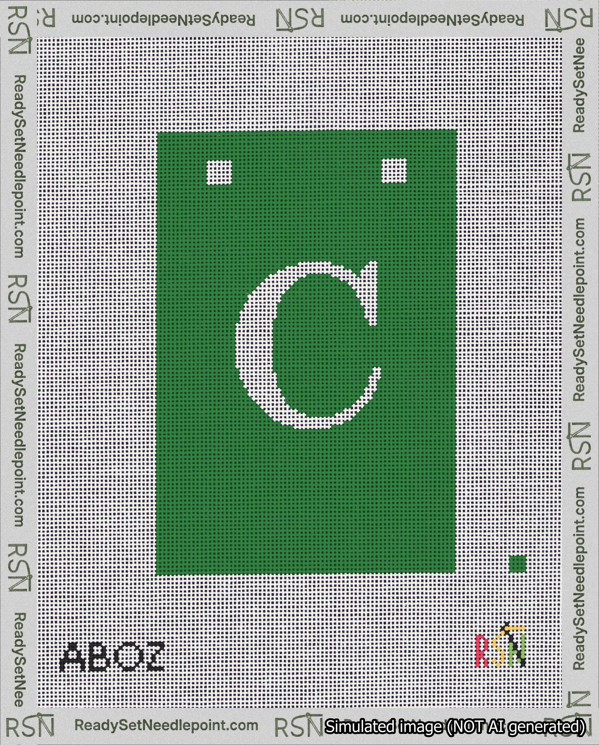 A taped needlepoint canvas with the design: Banner 18 mesh count Squared C White on Green.