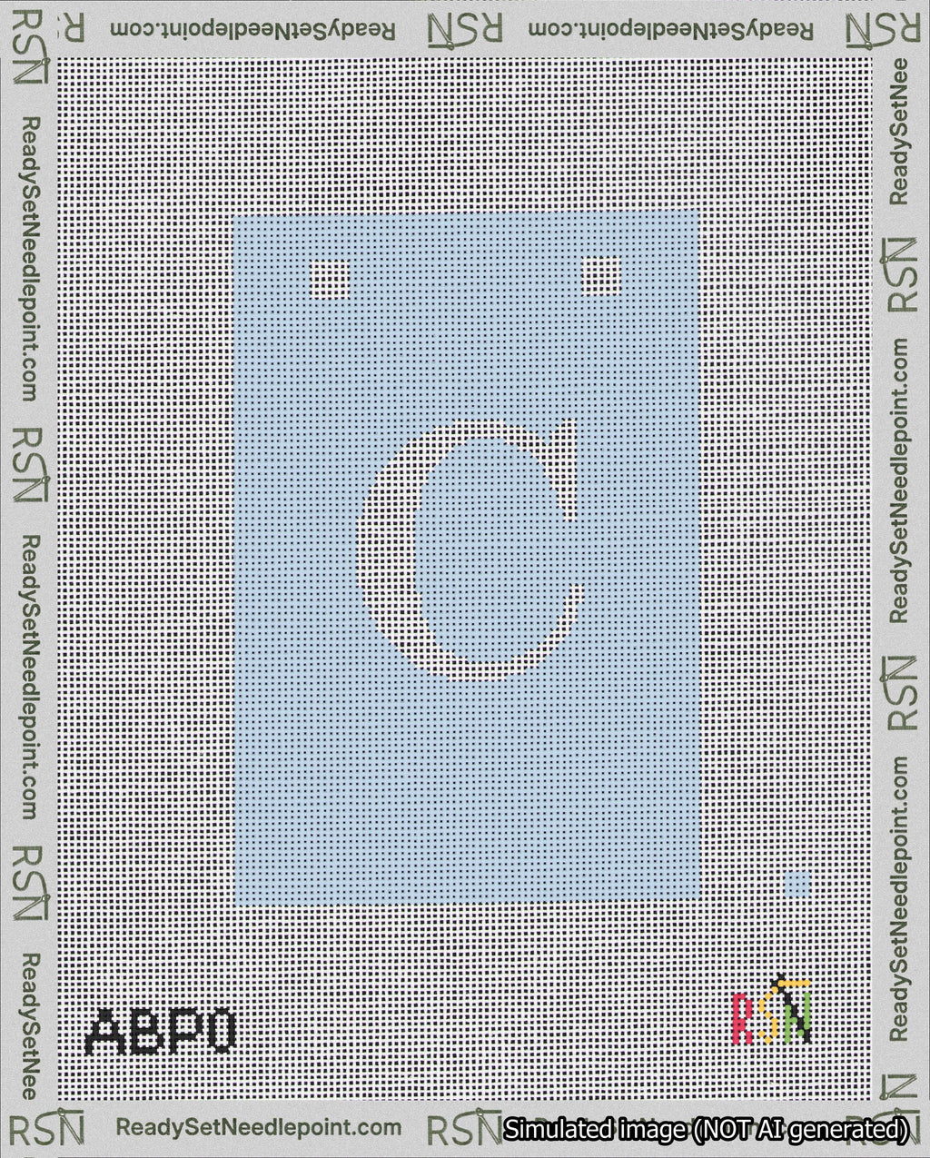 A taped needlepoint canvas with the design: Banner 18 mesh count Squared C White on Light Blue.