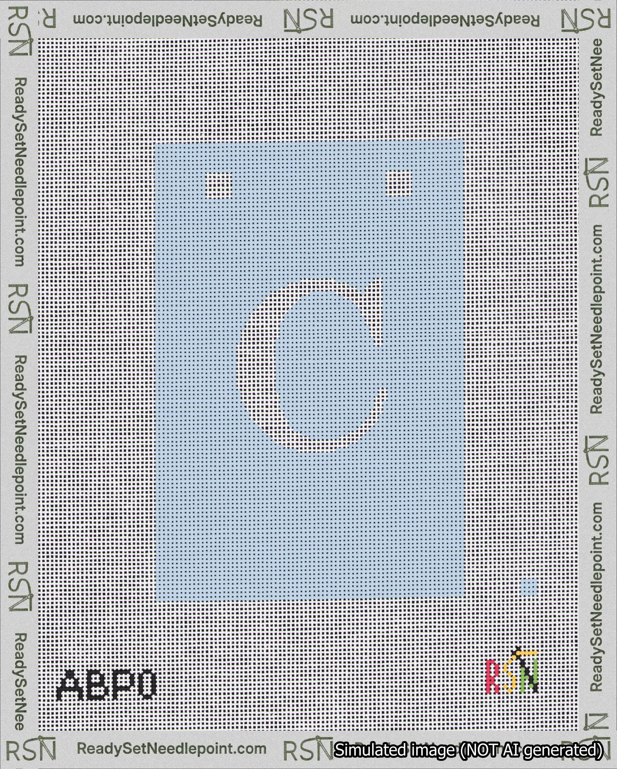 A taped needlepoint canvas with the design: Banner 18 mesh count Squared C White on Light Blue.