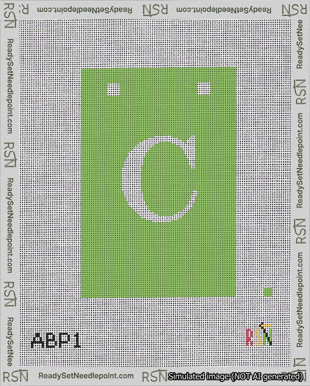 A taped needlepoint canvas with the design: Banner 18 mesh count Squared C White on Light Green.
