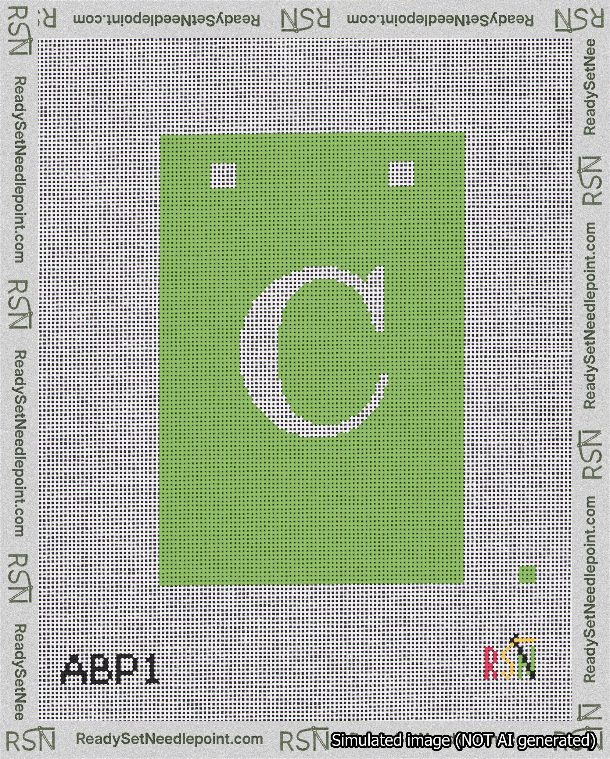 A taped needlepoint canvas with the design: Banner 18 mesh count Squared C White on Light Green.