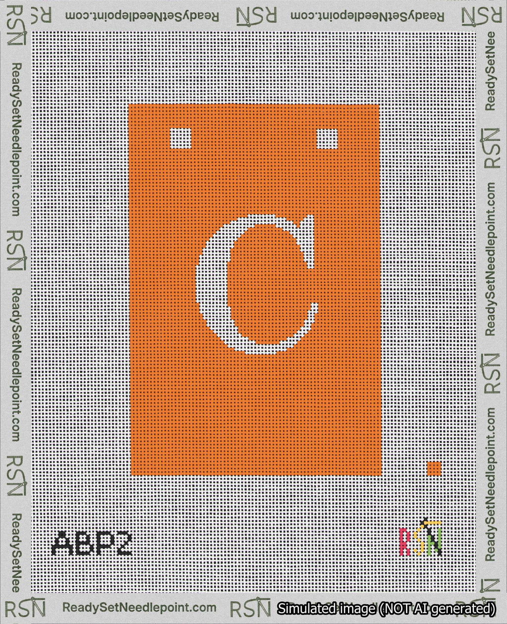 A taped needlepoint canvas with the design: Banner 18 mesh count Squared C White on Orange.