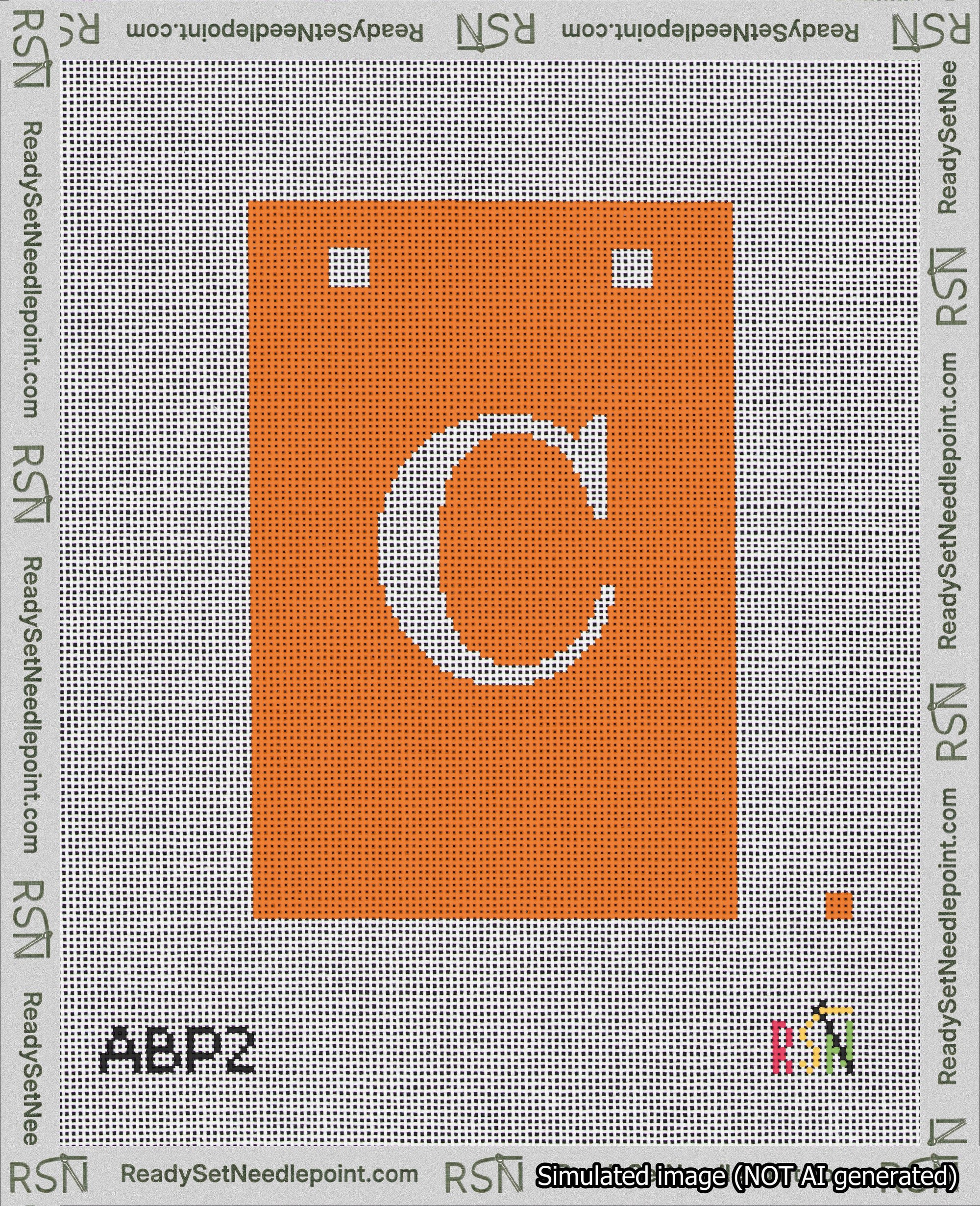 A taped needlepoint canvas with the design: Banner 18 mesh count Squared C White on Orange.
