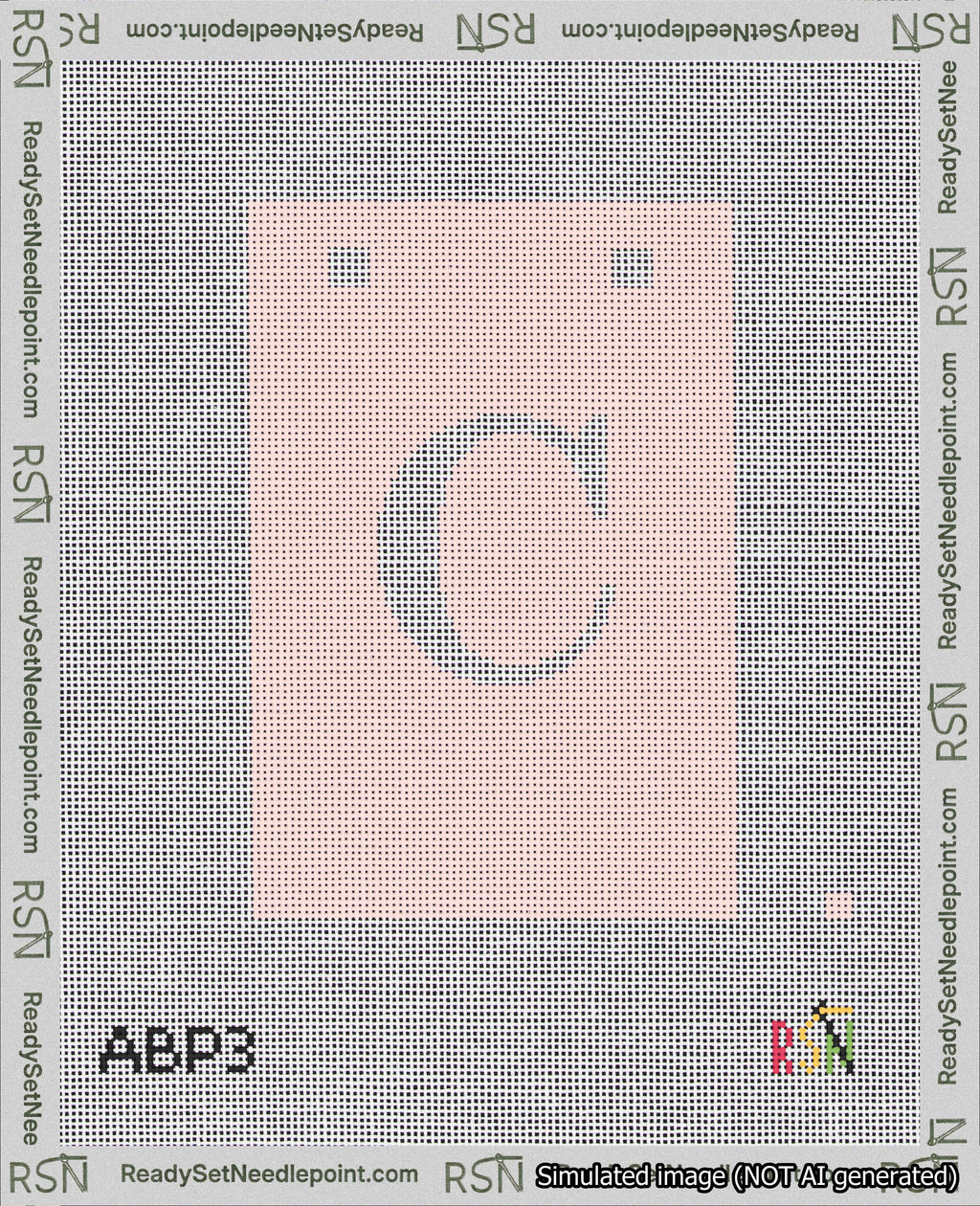 A taped needlepoint canvas with the design: Banner 18 mesh count Squared C White on Pink.