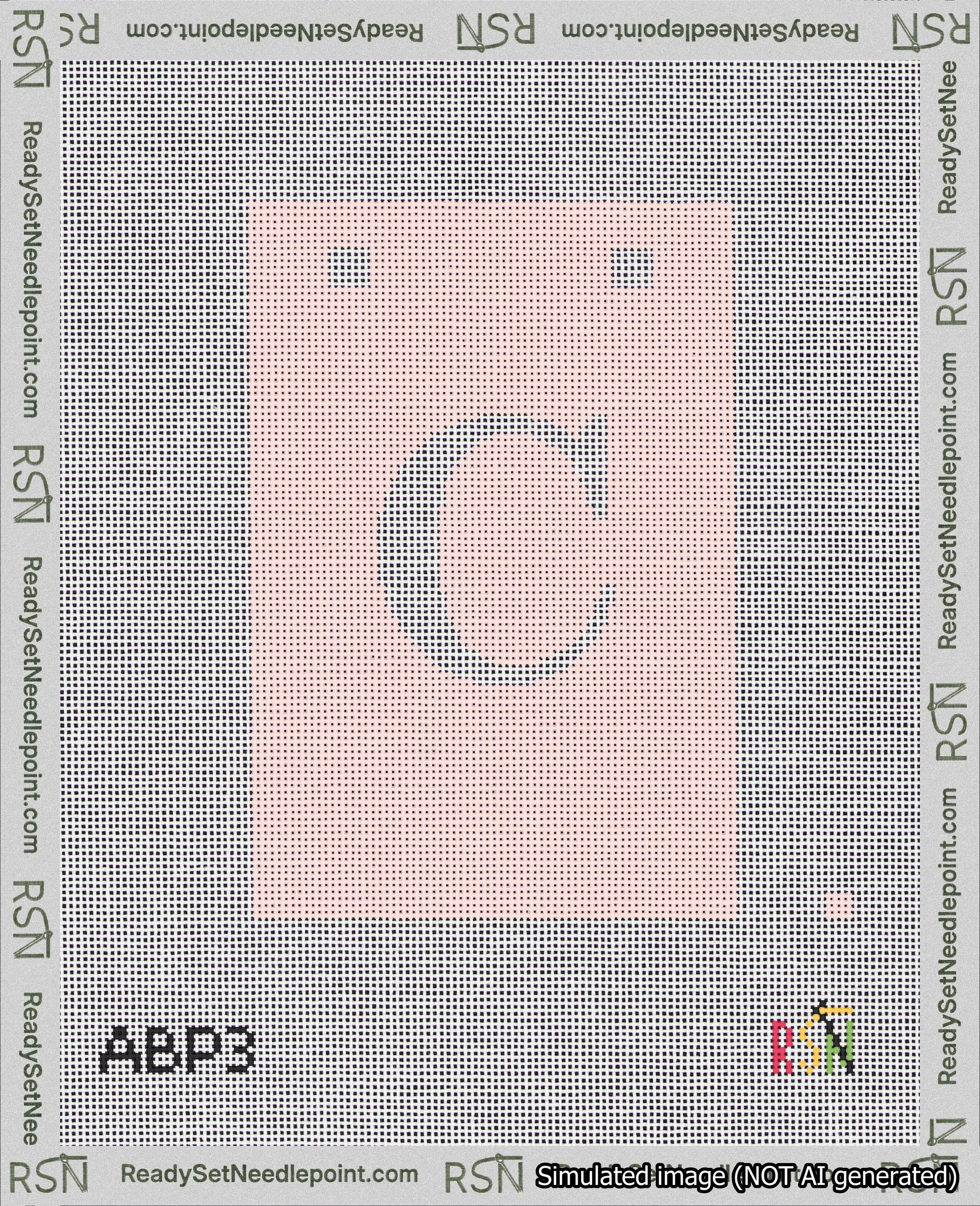 A taped needlepoint canvas with the design: Banner 18 mesh count Squared C White on Pink.