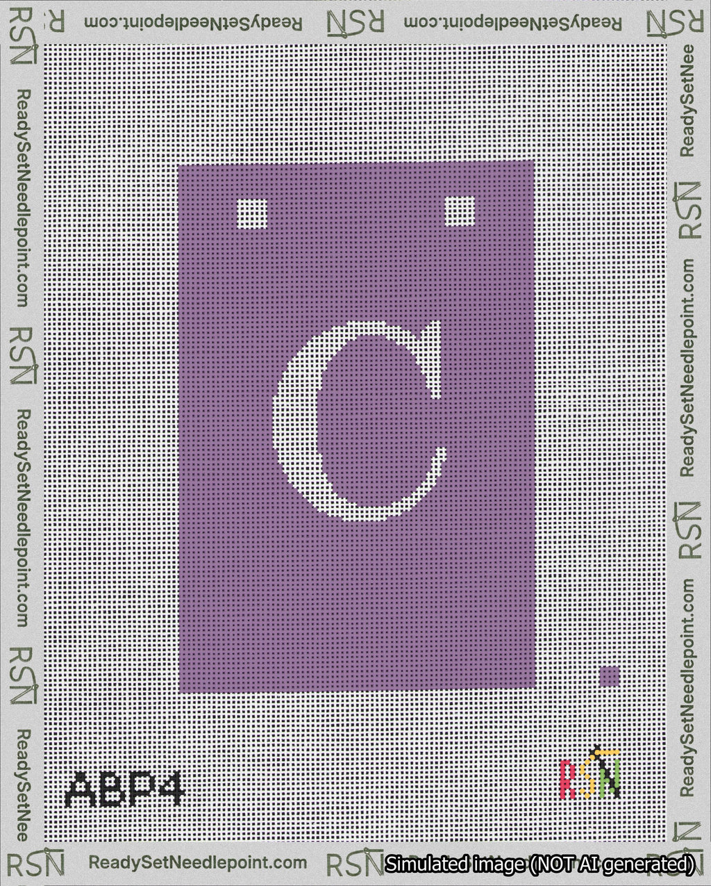 A taped needlepoint canvas with the design: Banner 18 mesh count Squared C White on Purple.