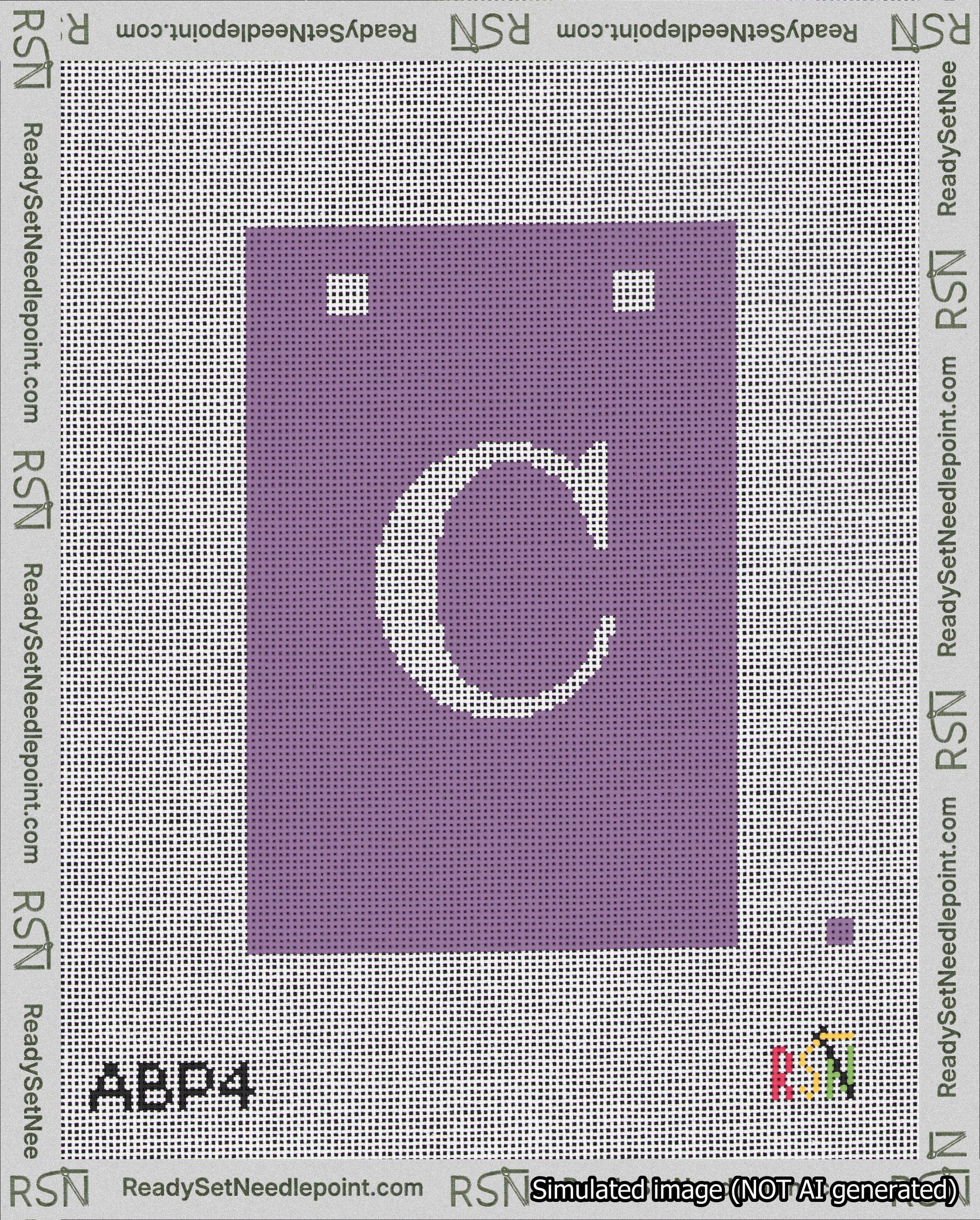 A taped needlepoint canvas with the design: Banner 18 mesh count Squared C White on Purple.