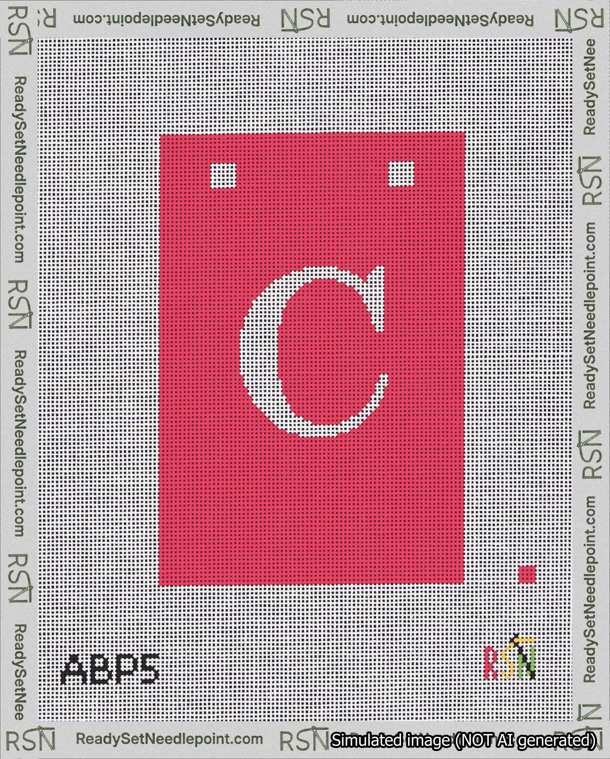 A taped needlepoint canvas with the design: Banner 18 mesh count Squared C White on Red.