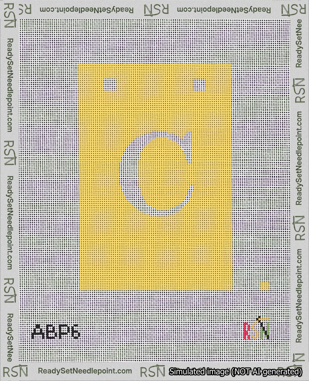 A taped needlepoint canvas with the design: Banner 18 mesh count Squared C White on Yellow.
