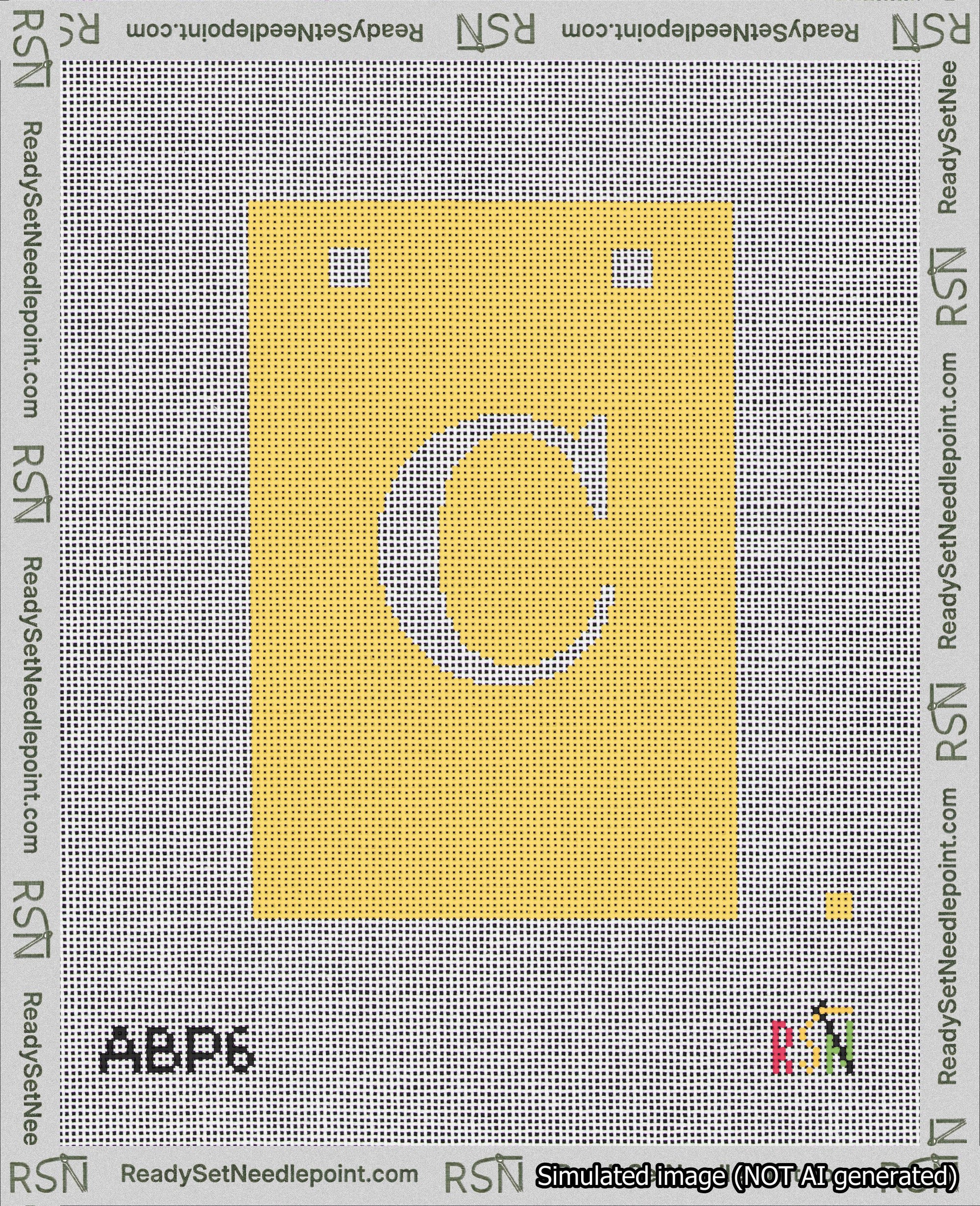A taped needlepoint canvas with the design: Banner 18 mesh count Squared C White on Yellow.