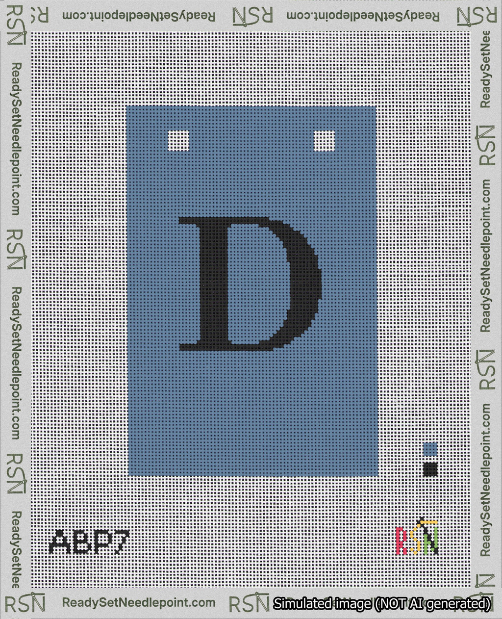 A taped needlepoint canvas with the design: Banner 18 mesh count Squared D Black on Blue.