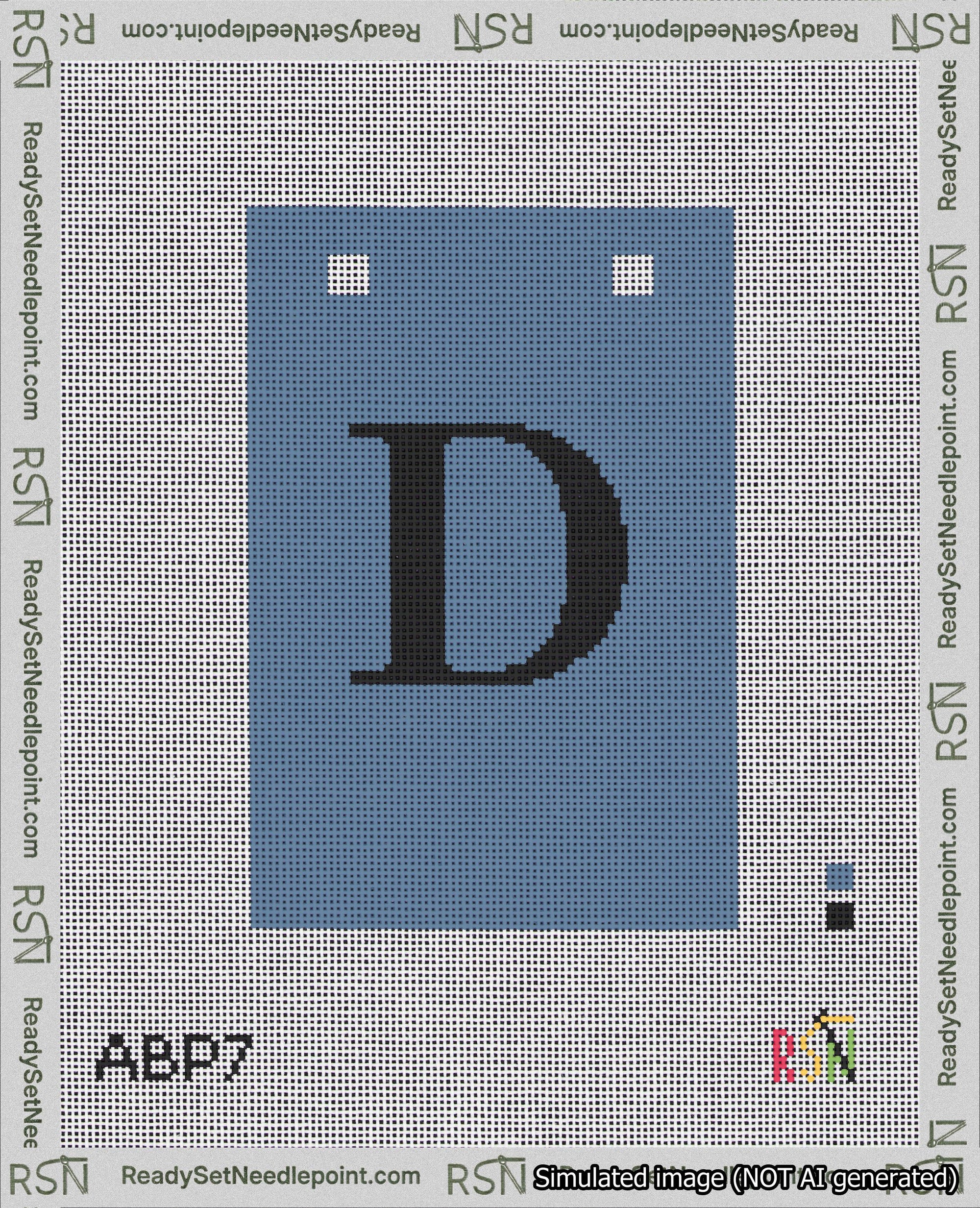A taped needlepoint canvas with the design: Banner 18 mesh count Squared D Black on Blue.