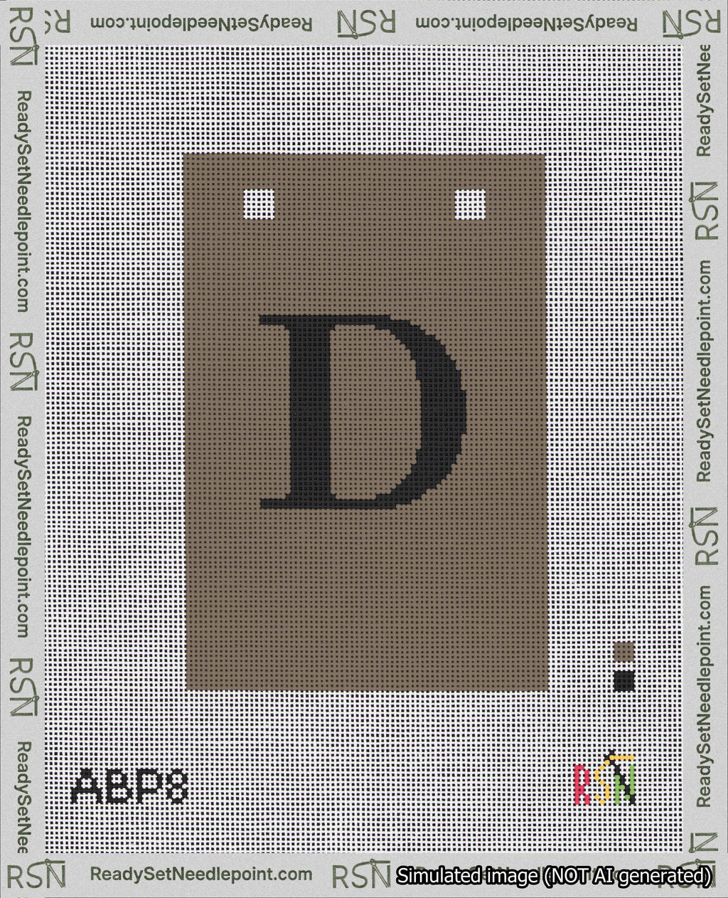 A taped needlepoint canvas with the design: Banner 18 mesh count Squared D Black on Brown.