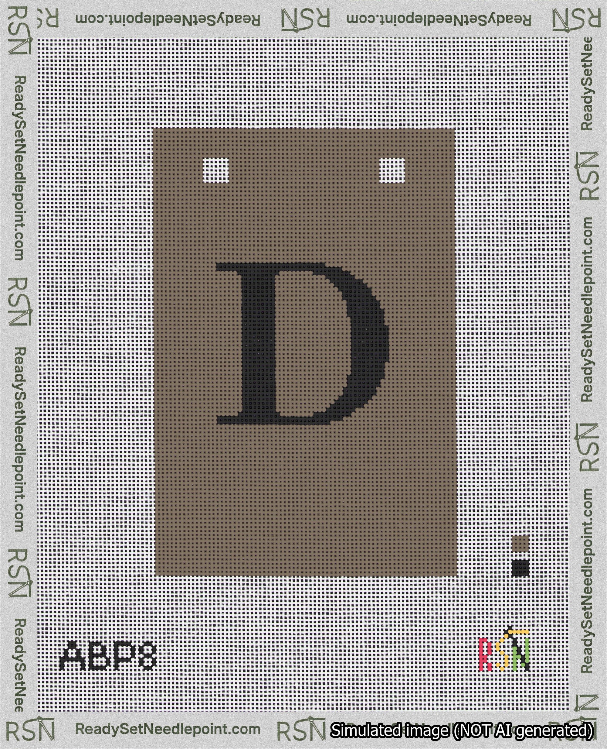 A taped needlepoint canvas with the design: Banner 18 mesh count Squared D Black on Brown.