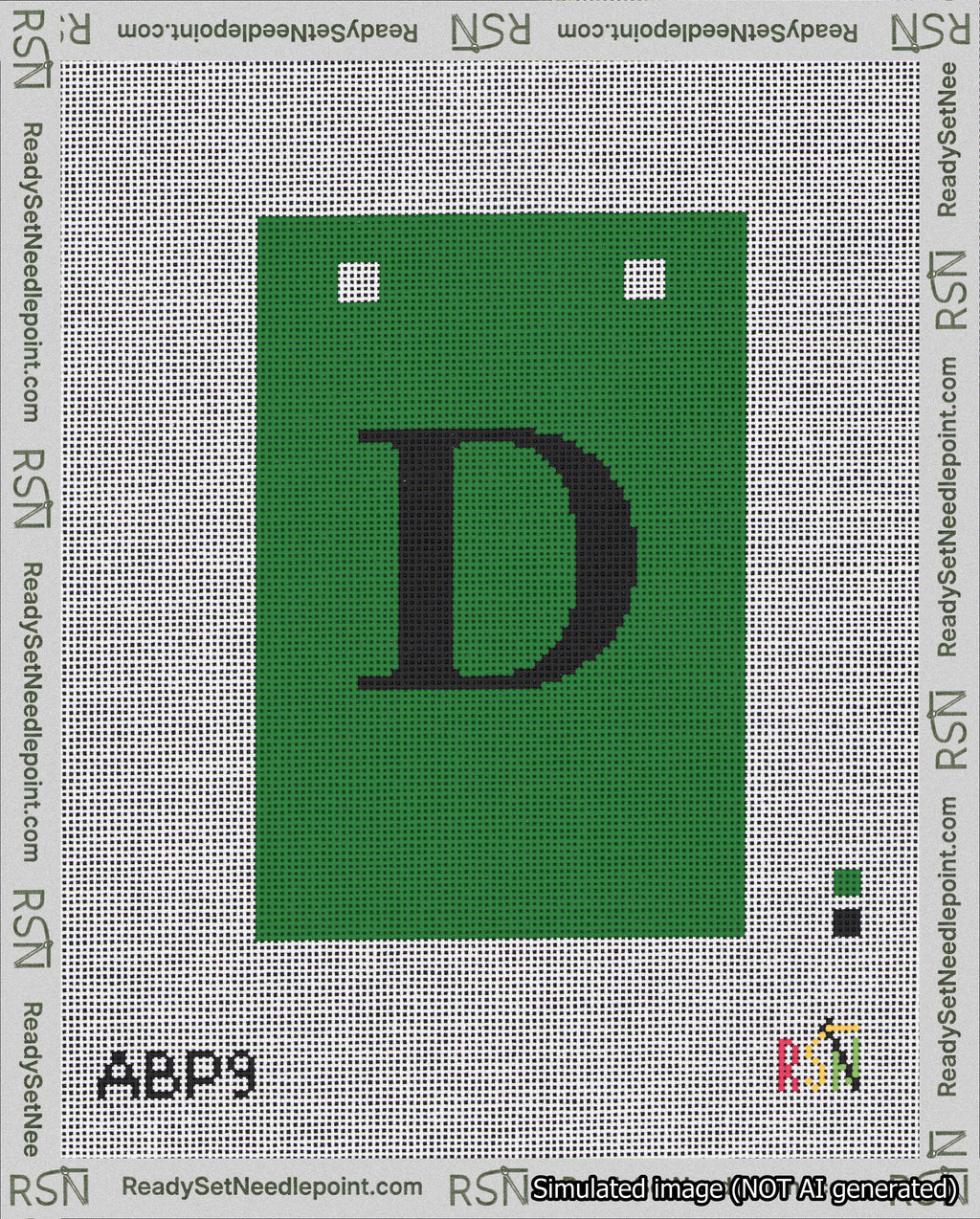 A taped needlepoint canvas with the design: Banner 18 mesh count Squared D Black on Green.