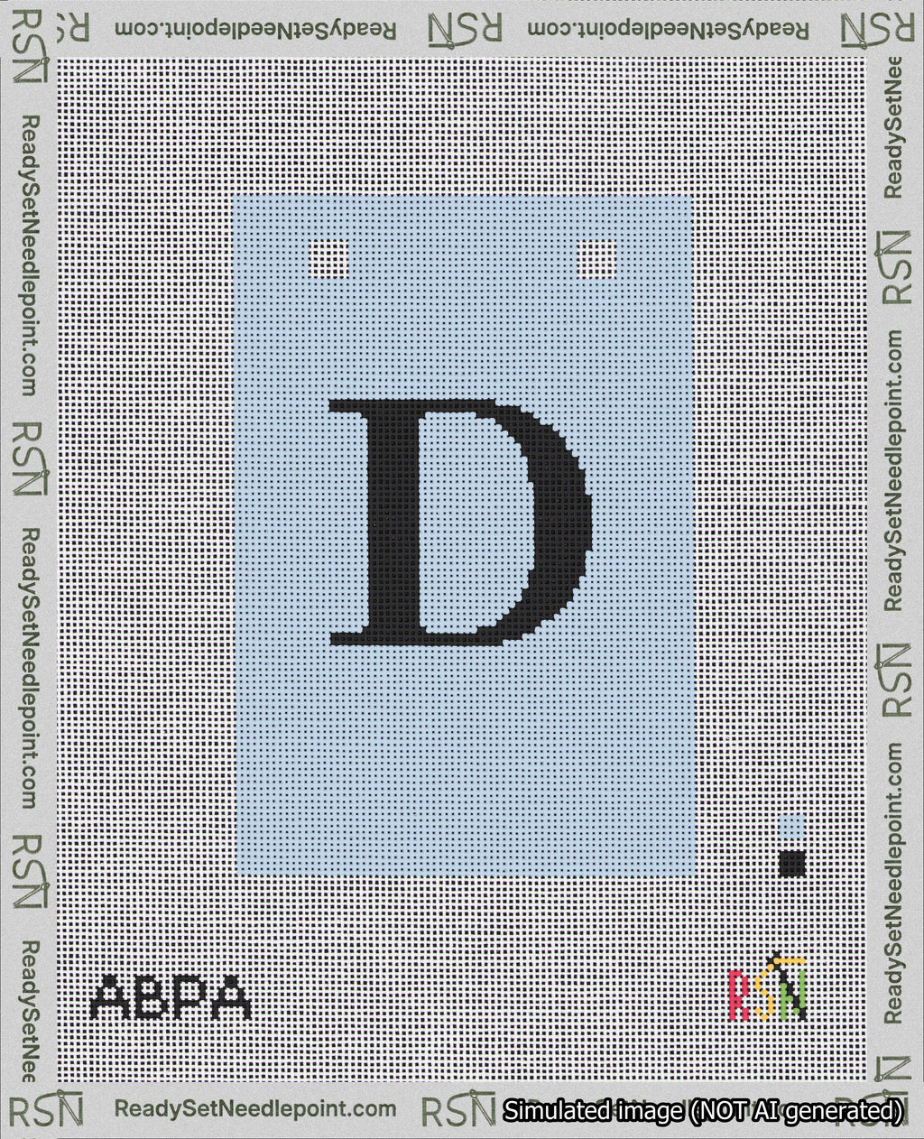 A taped needlepoint canvas with the design: Banner 18 mesh count Squared D Black on Light Blue.