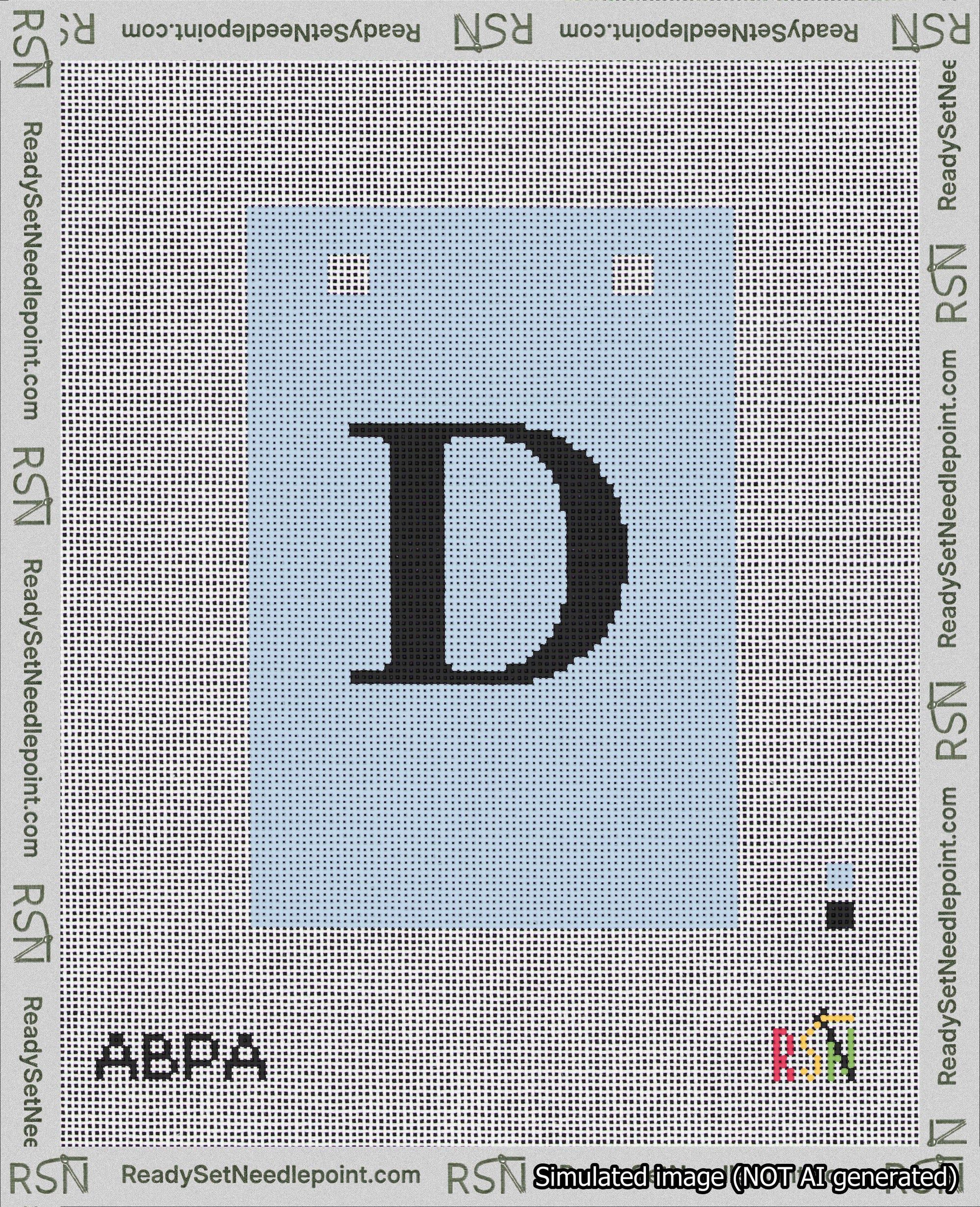 A taped needlepoint canvas with the design: Banner 18 mesh count Squared D Black on Light Blue.