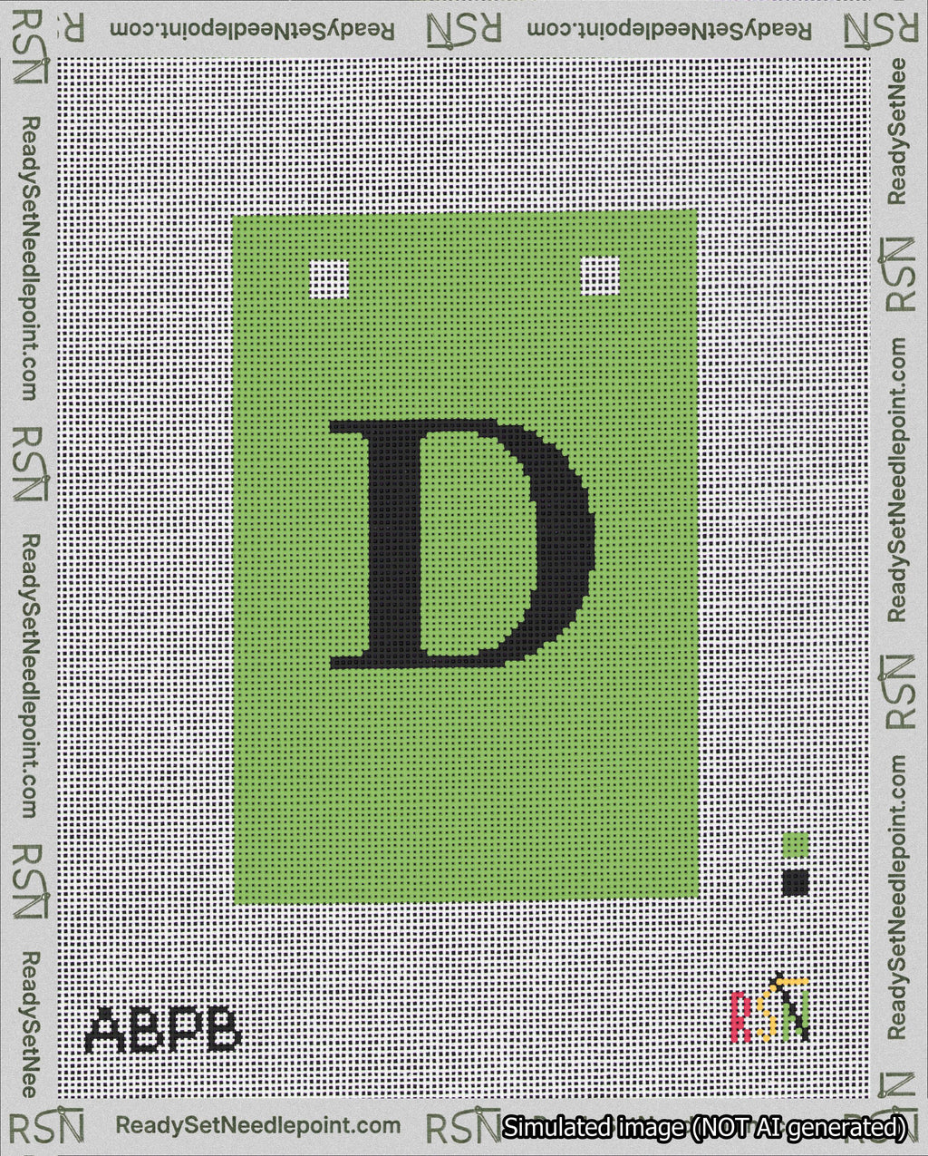 A taped needlepoint canvas with the design: Banner 18 mesh count Squared D Black on Light Green.