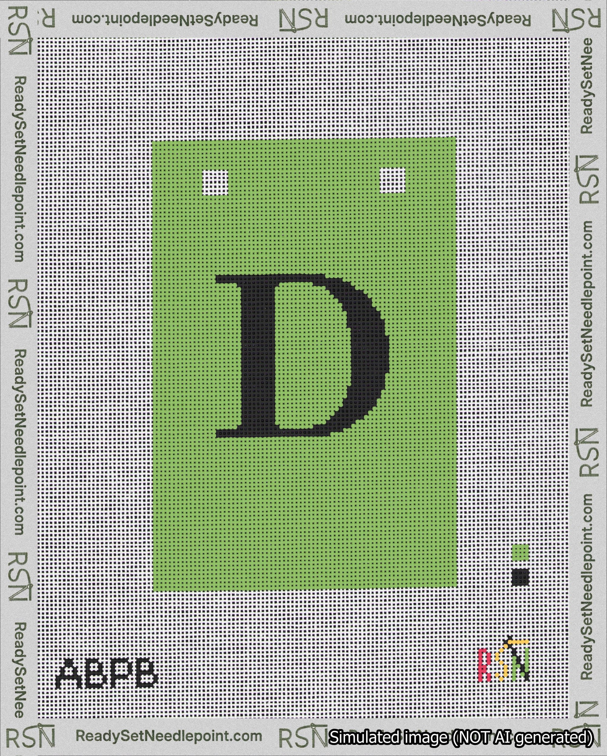 A taped needlepoint canvas with the design: Banner 18 mesh count Squared D Black on Light Green.