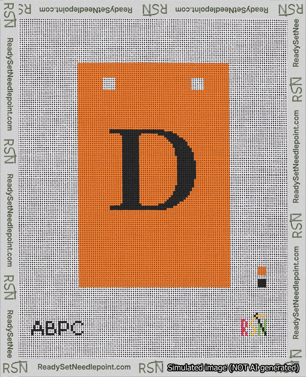 A taped needlepoint canvas with the design: Banner 18 mesh count Squared D Black on Orange.