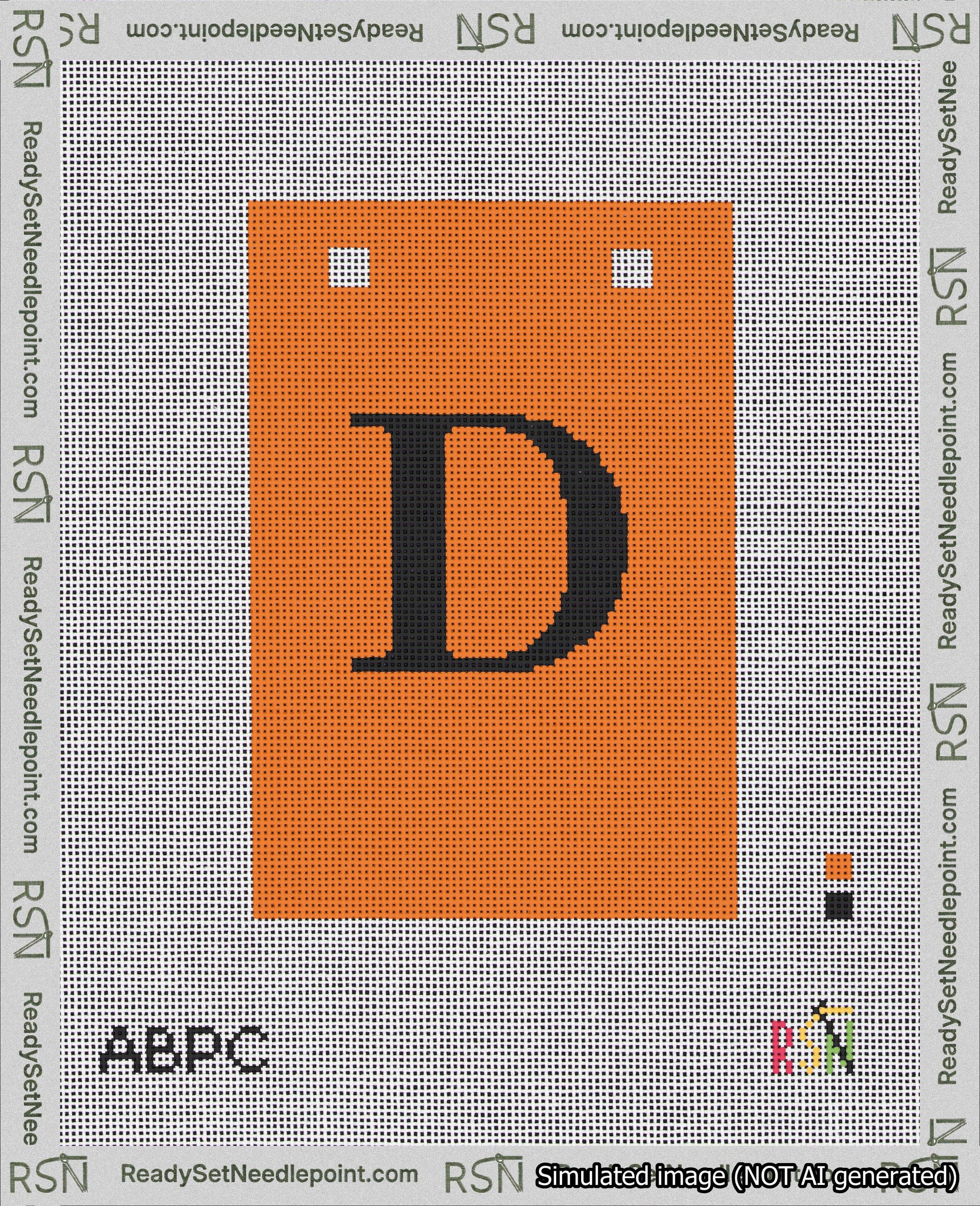 A taped needlepoint canvas with the design: Banner 18 mesh count Squared D Black on Orange.