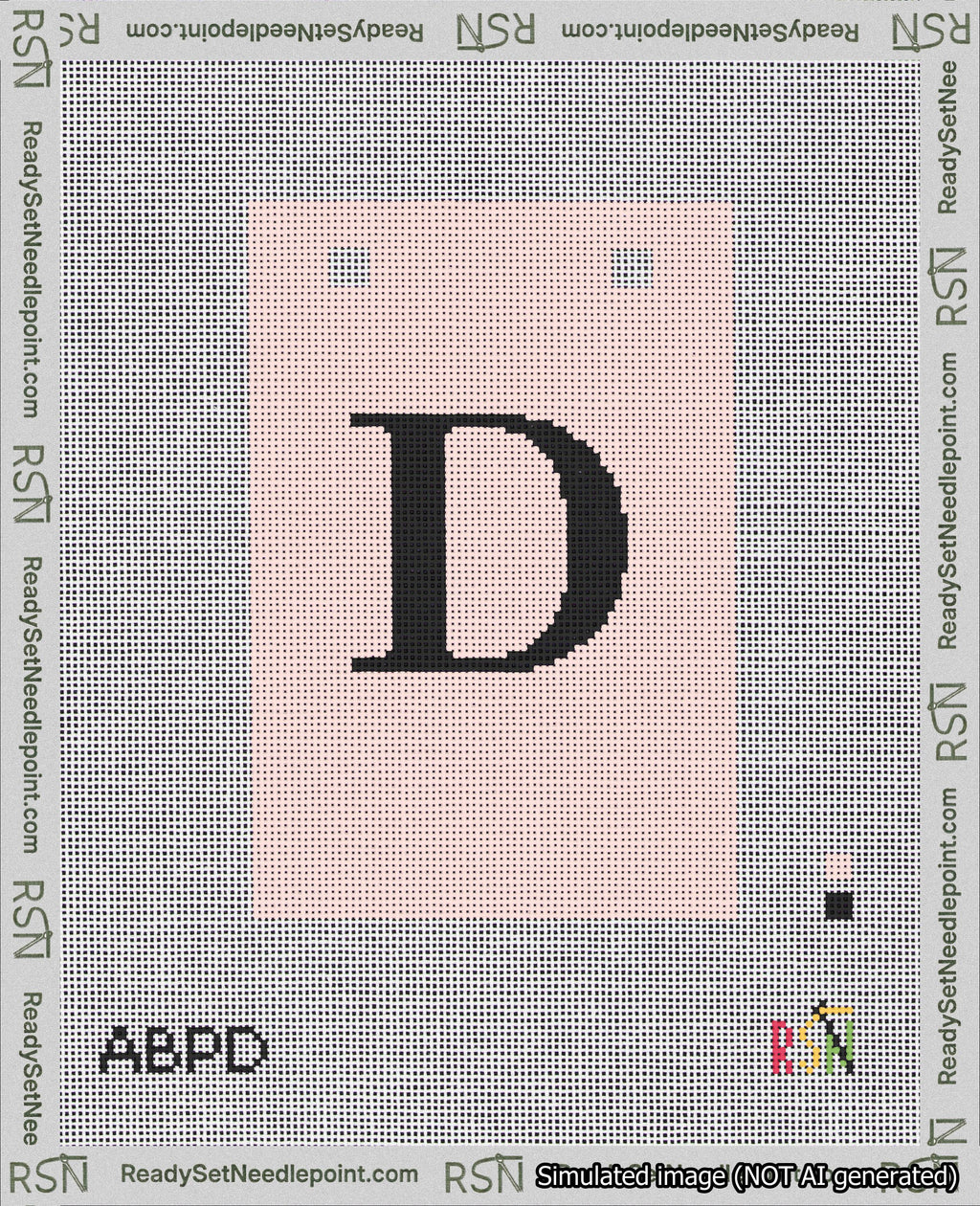 A taped needlepoint canvas with the design: Banner 18 mesh count Squared D Black on Pink.