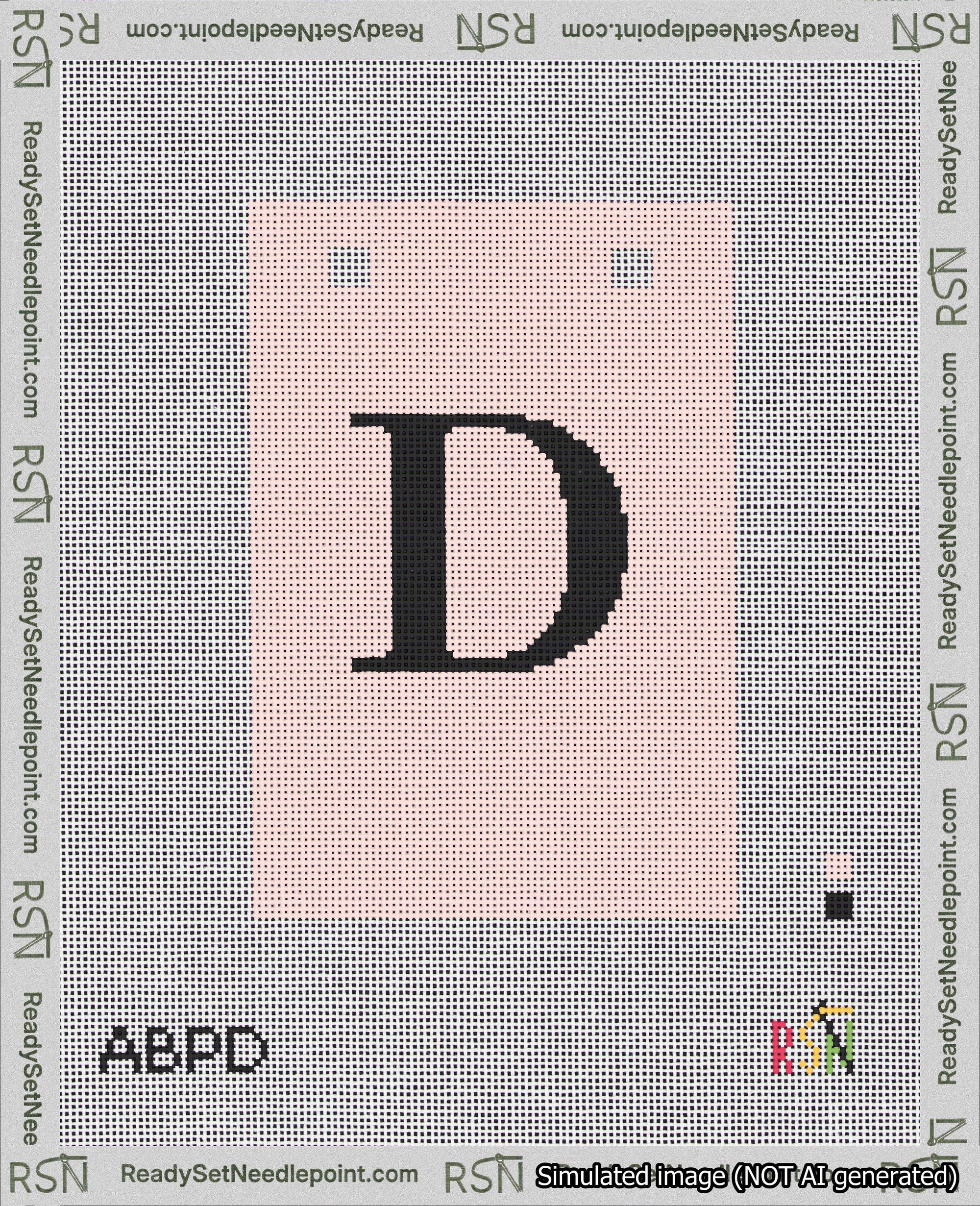 A taped needlepoint canvas with the design: Banner 18 mesh count Squared D Black on Pink.