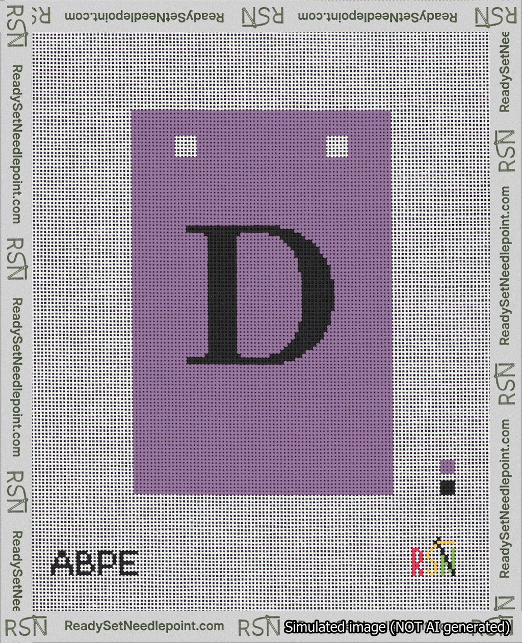 A taped needlepoint canvas with the design: Banner 18 mesh count Squared D Black on Purple.