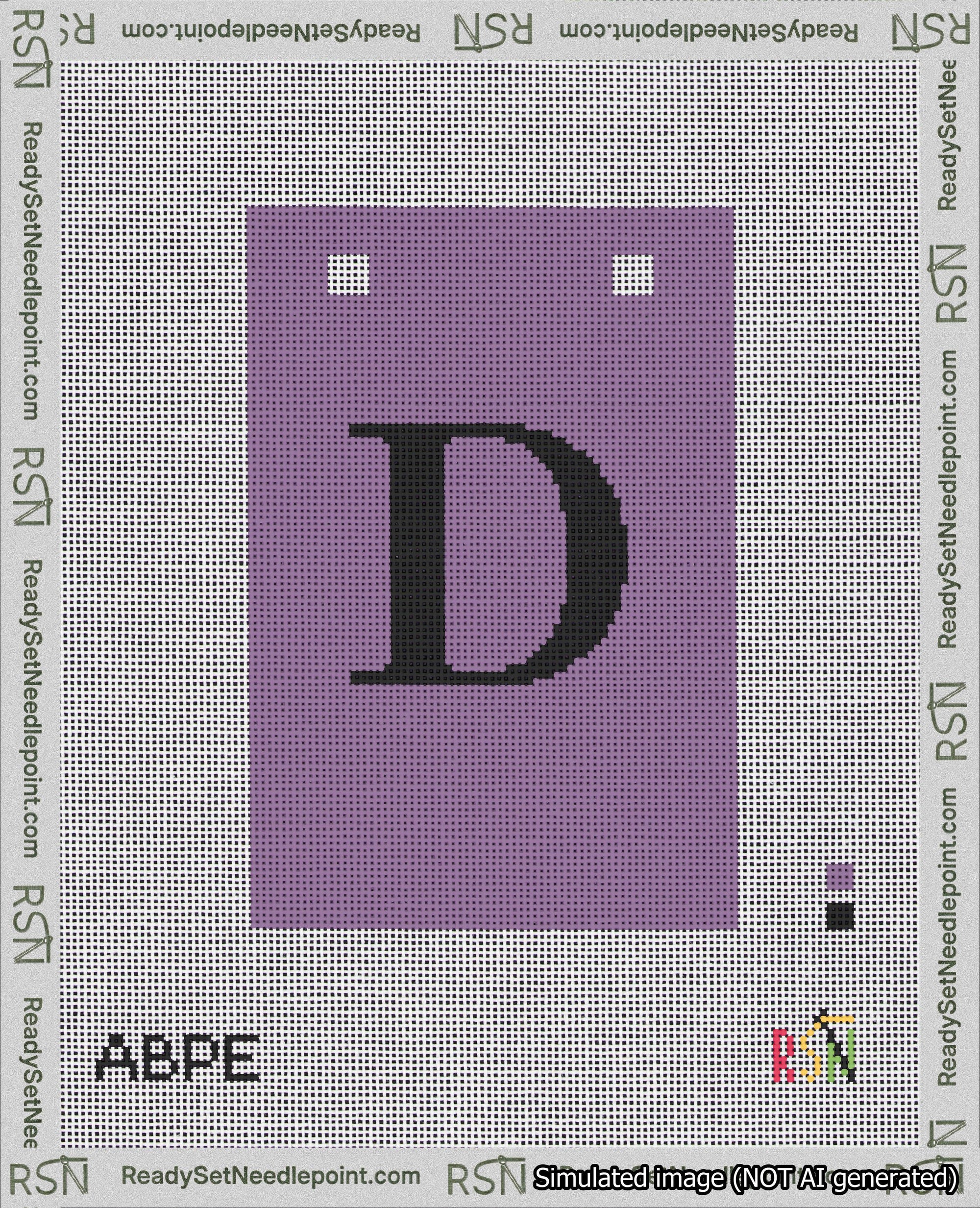 A taped needlepoint canvas with the design: Banner 18 mesh count Squared D Black on Purple.