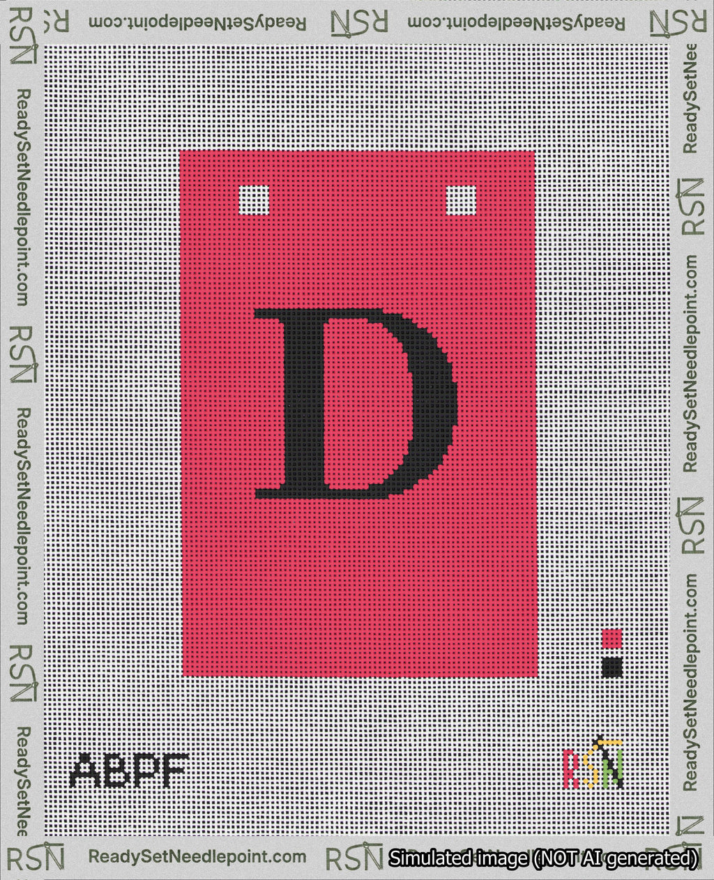 A taped needlepoint canvas with the design: Banner 18 mesh count Squared D Black on Red.