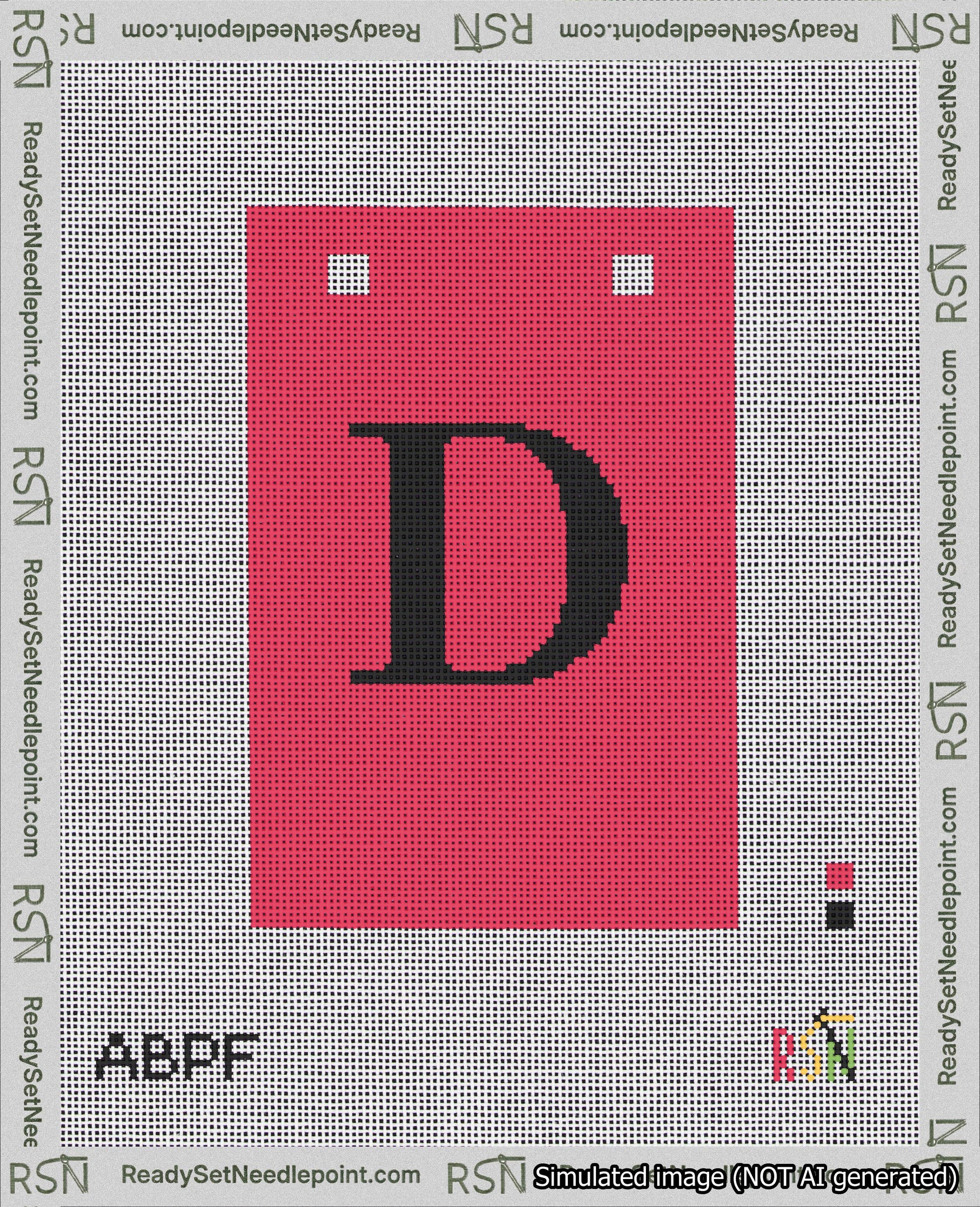 A taped needlepoint canvas with the design: Banner 18 mesh count Squared D Black on Red.