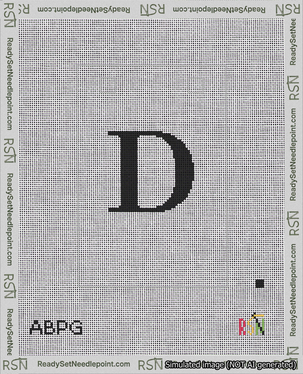A taped needlepoint canvas with the design: Banner 18 mesh count Squared D Black on White.