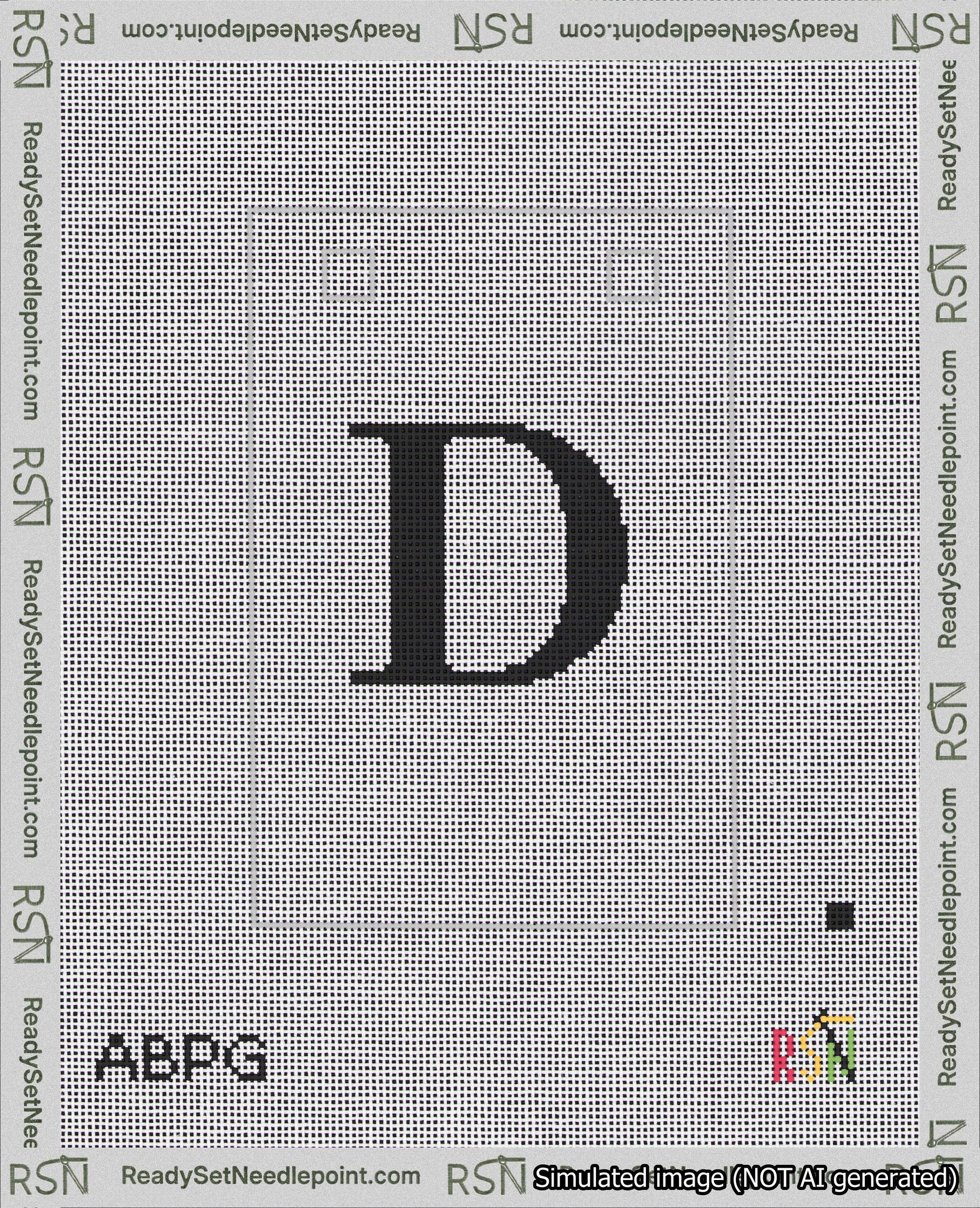 A taped needlepoint canvas with the design: Banner 18 mesh count Squared D Black on White.