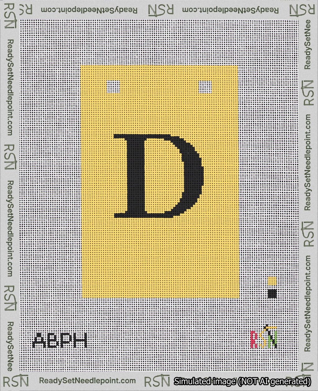 A taped needlepoint canvas with the design: Banner 18 mesh count Squared D Black on Yellow.