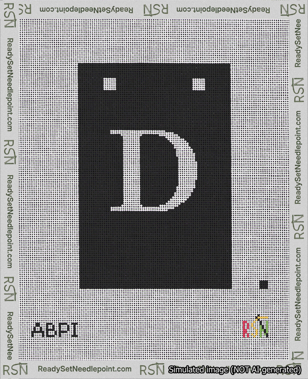 A taped needlepoint canvas with the design: Banner 18 mesh count Squared D White on Black.