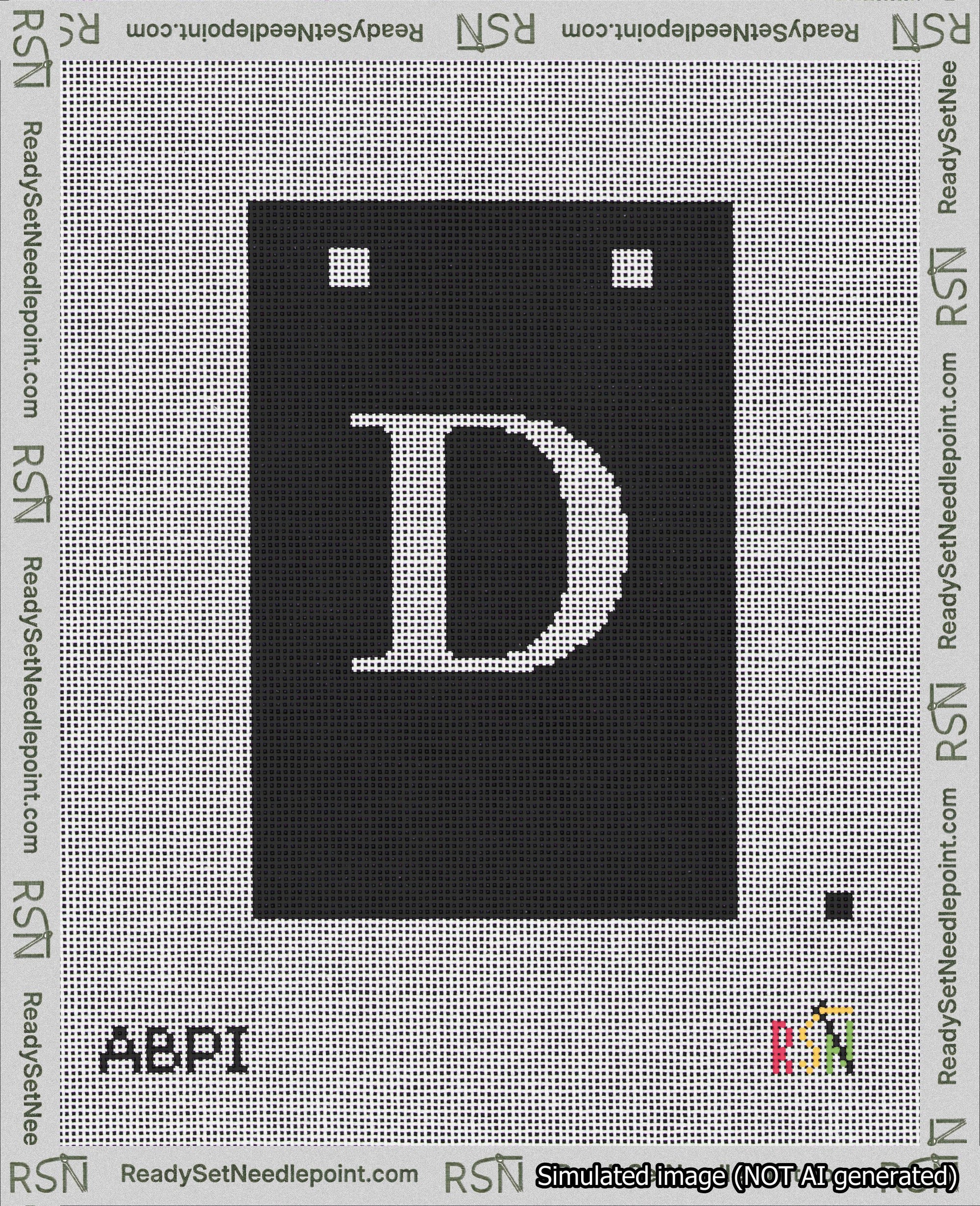A taped needlepoint canvas with the design: Banner 18 mesh count Squared D White on Black.