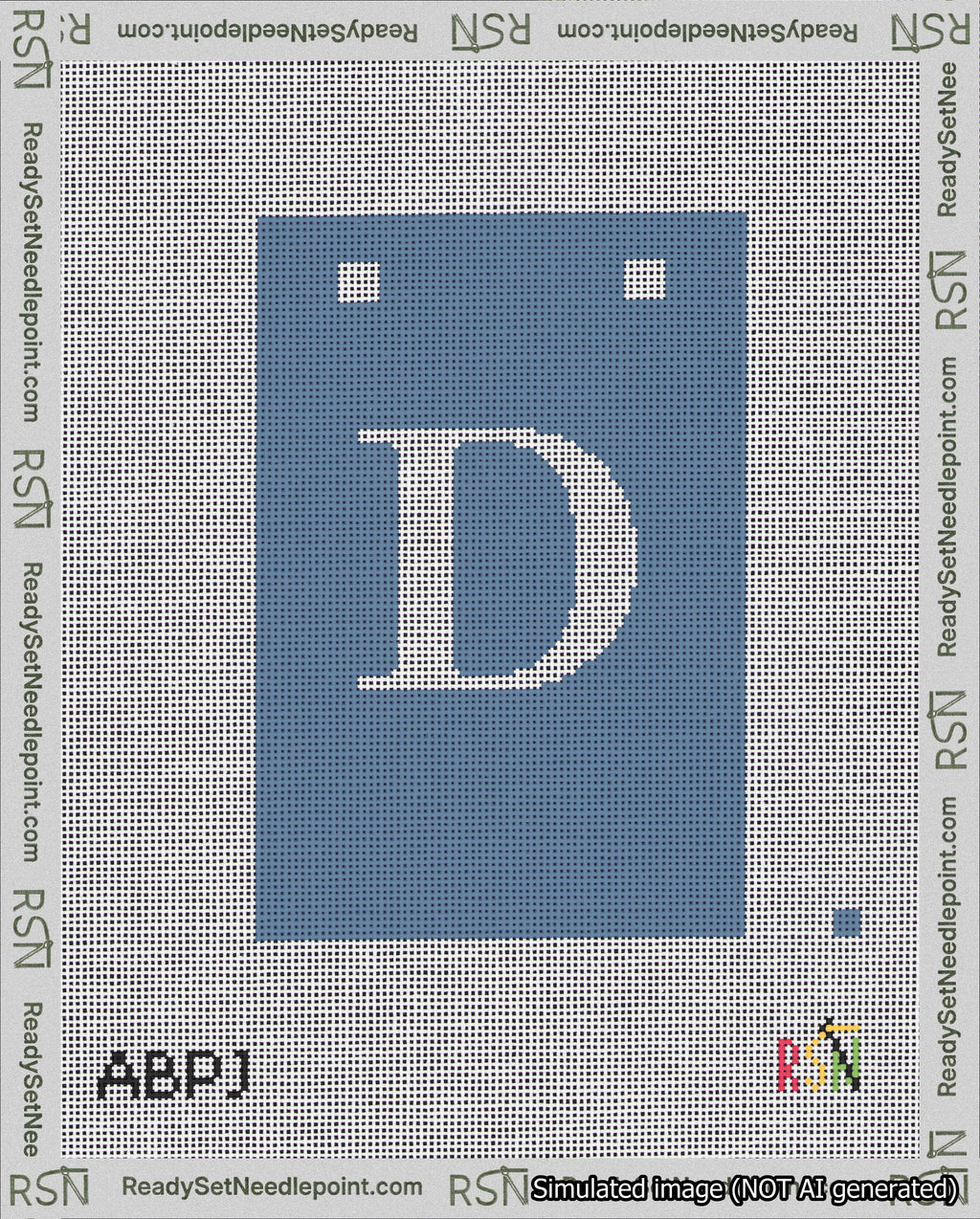 A taped needlepoint canvas with the design: Banner 18 mesh count Squared D White on Blue.