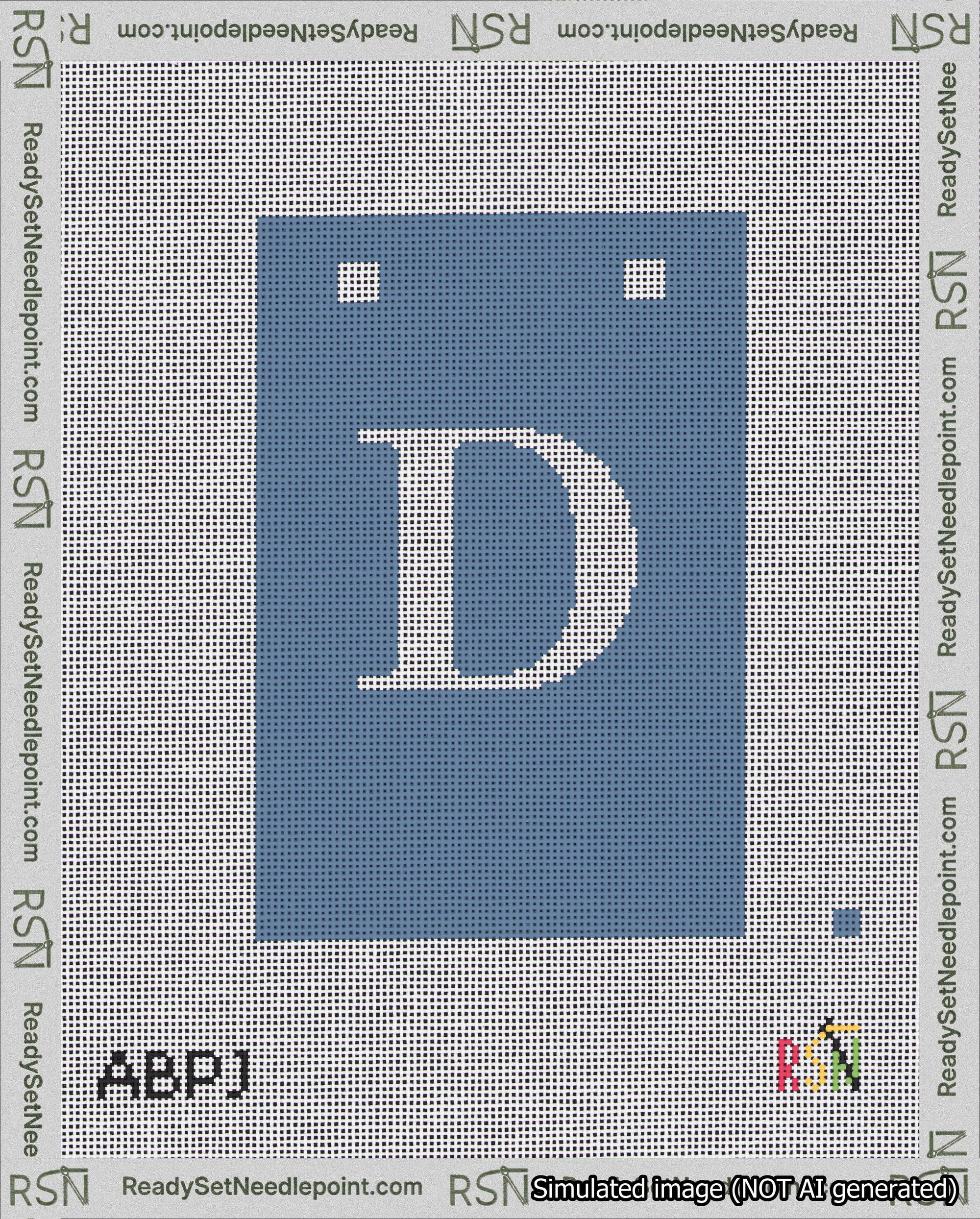 A taped needlepoint canvas with the design: Banner 18 mesh count Squared D White on Blue.