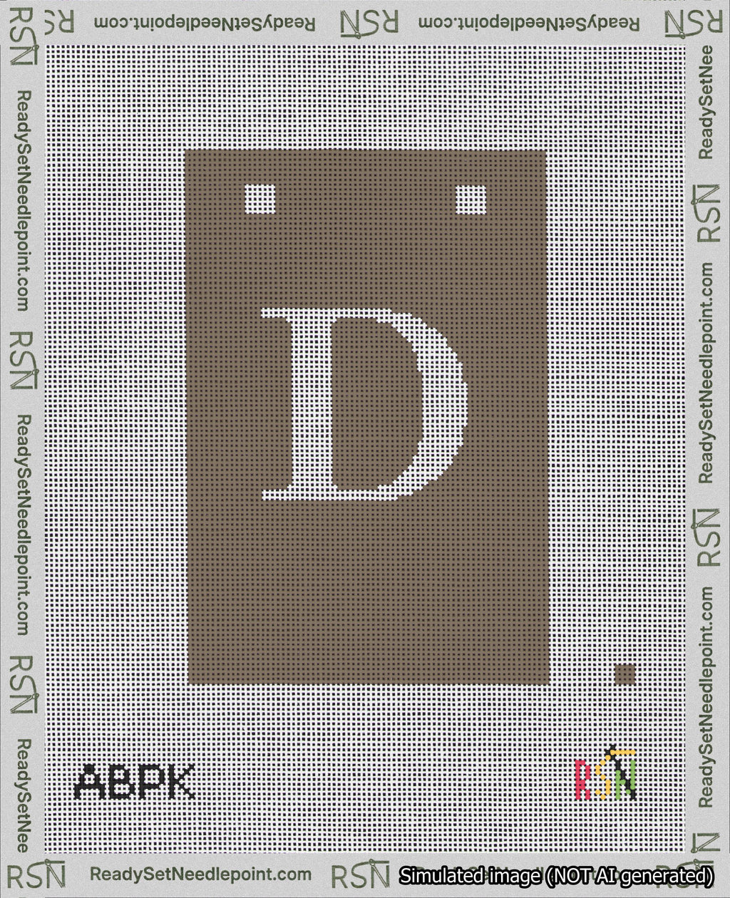 A taped needlepoint canvas with the design: Banner 18 mesh count Squared D White on Brown.