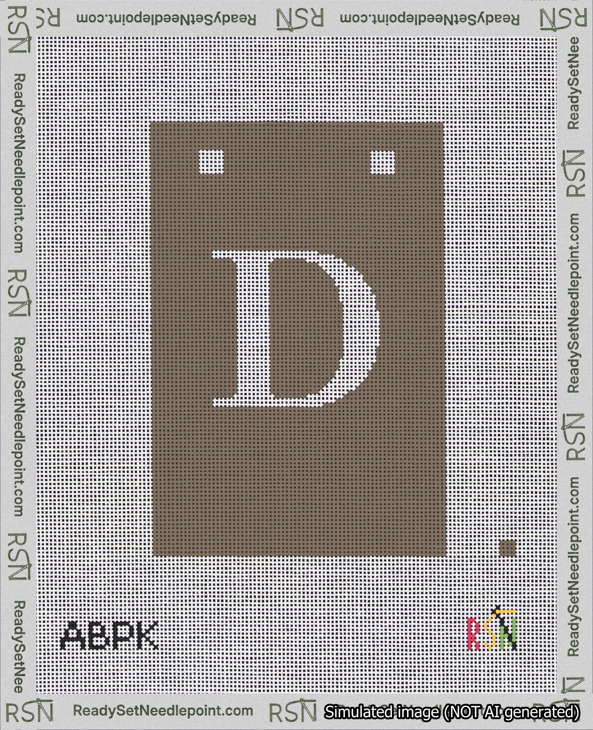 A taped needlepoint canvas with the design: Banner 18 mesh count Squared D White on Brown.