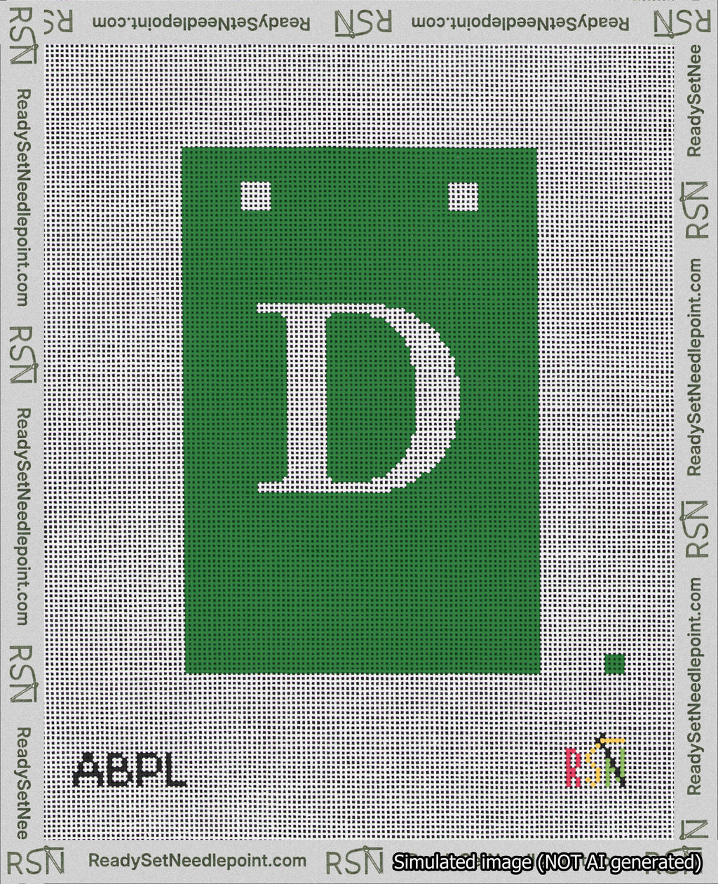 A taped needlepoint canvas with the design: Banner 18 mesh count Squared D White on Green.