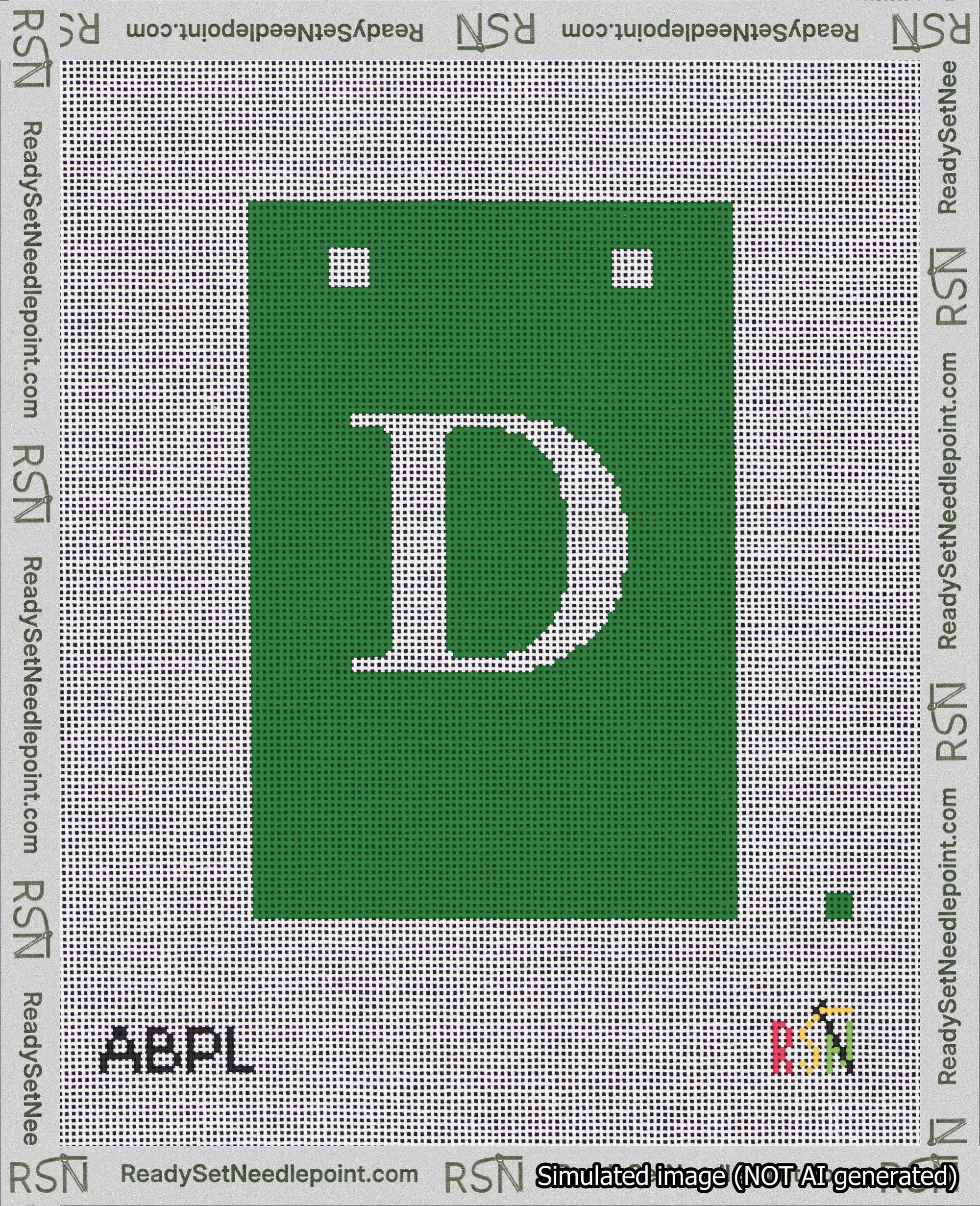 A taped needlepoint canvas with the design: Banner 18 mesh count Squared D White on Green.