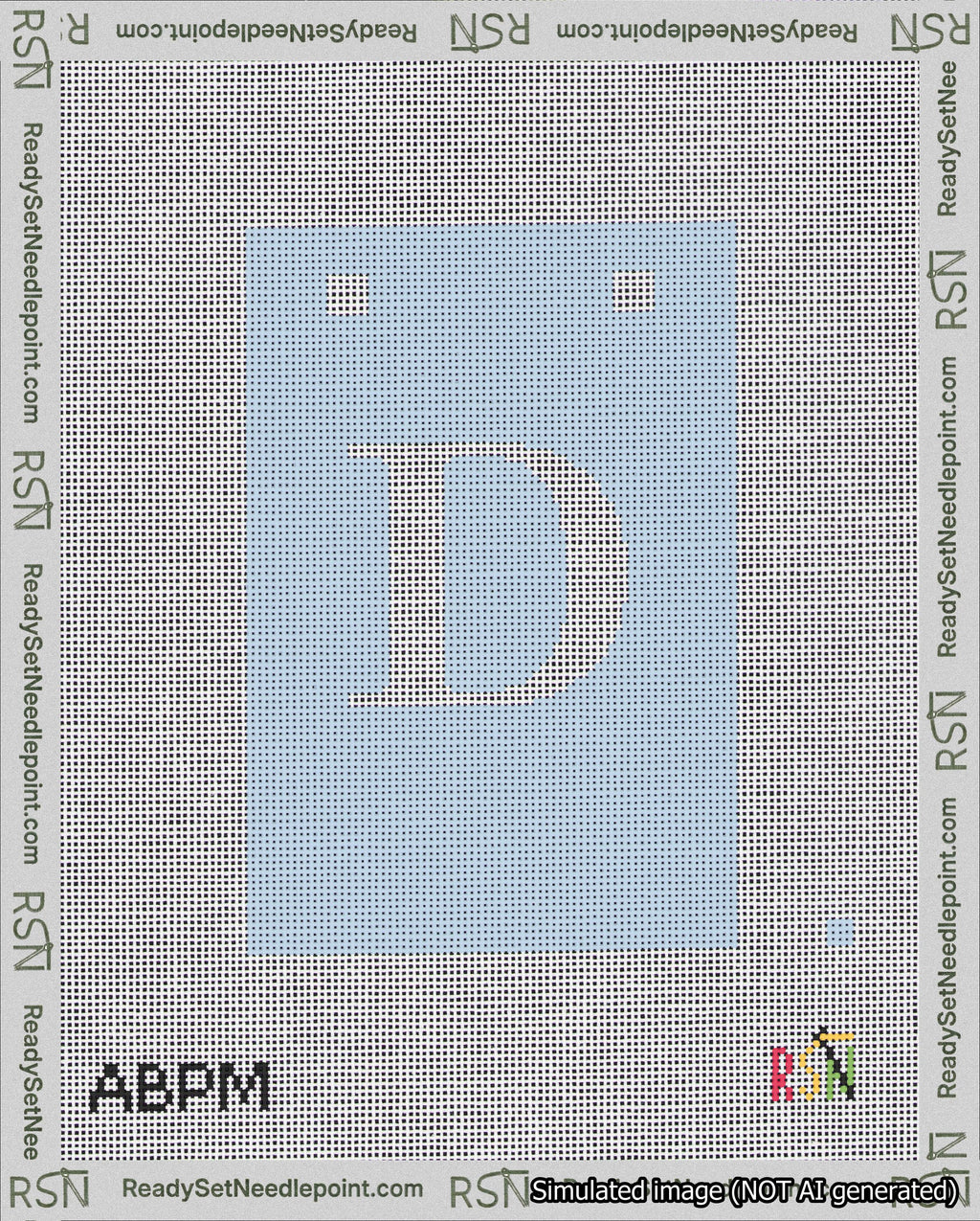 A taped needlepoint canvas with the design: Banner 18 mesh count Squared D White on Light Blue.