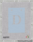 A taped needlepoint canvas with the design: Banner 18 mesh count Squared D White on Light Blue.