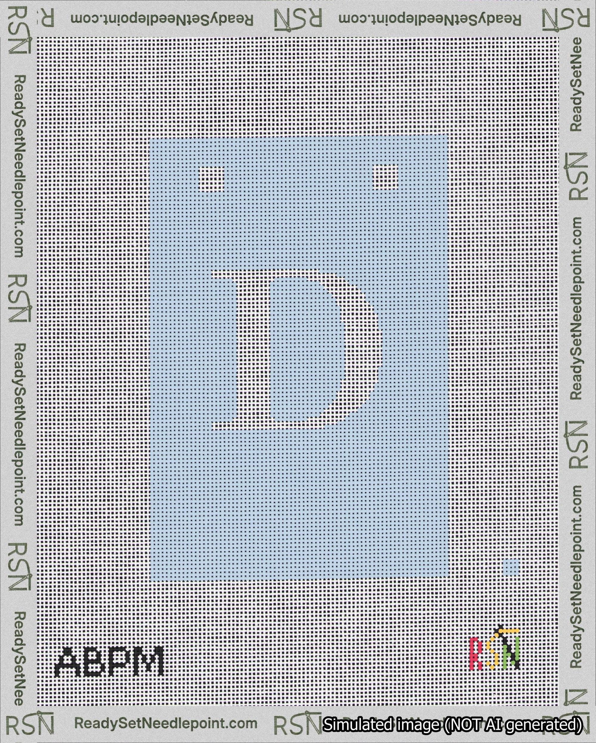 A taped needlepoint canvas with the design: Banner 18 mesh count Squared D White on Light Blue.