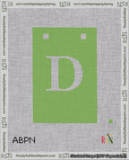 A taped needlepoint canvas with the design: Banner 18 mesh count Squared D White on Light Green.