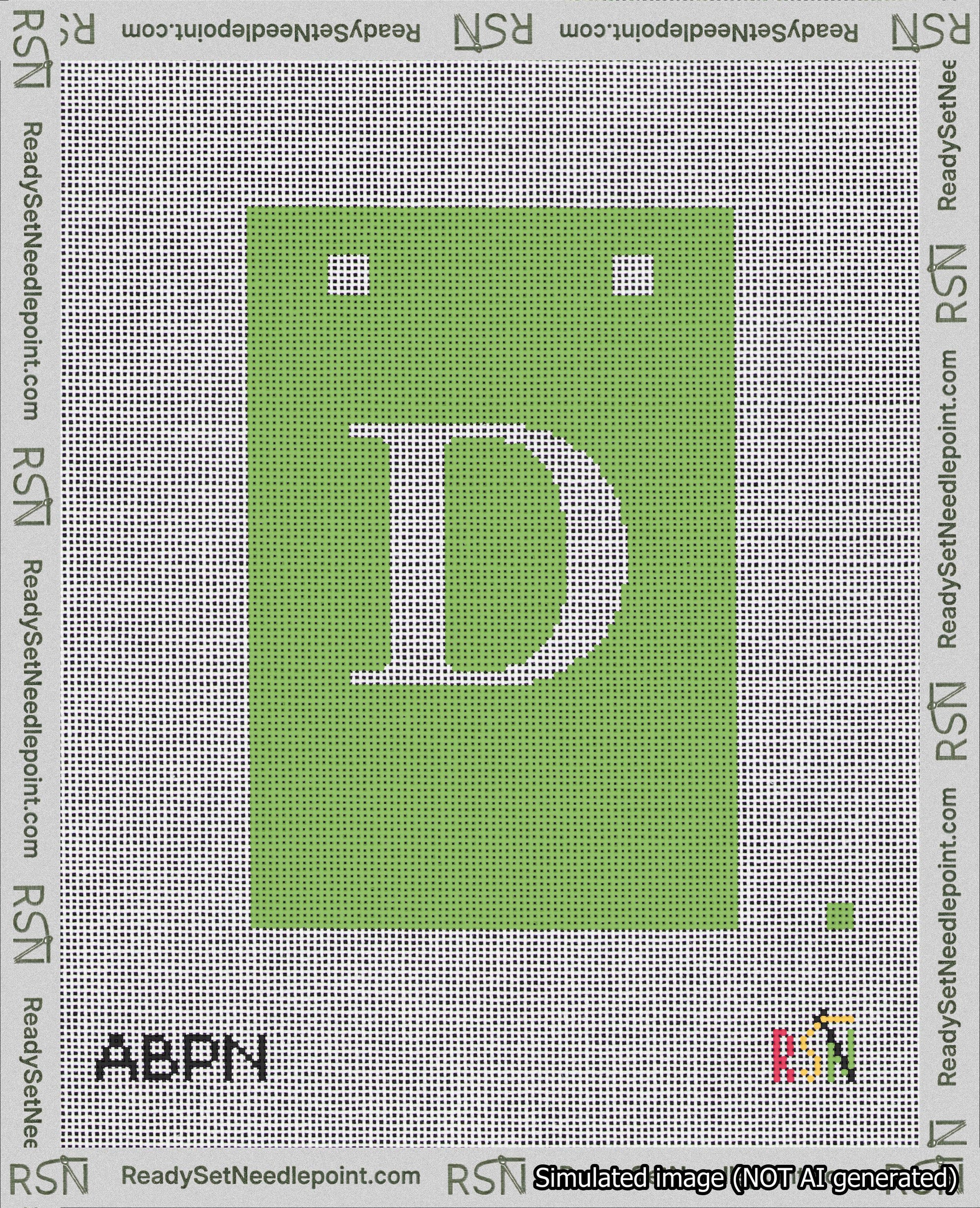 A taped needlepoint canvas with the design: Banner 18 mesh count Squared D White on Light Green.