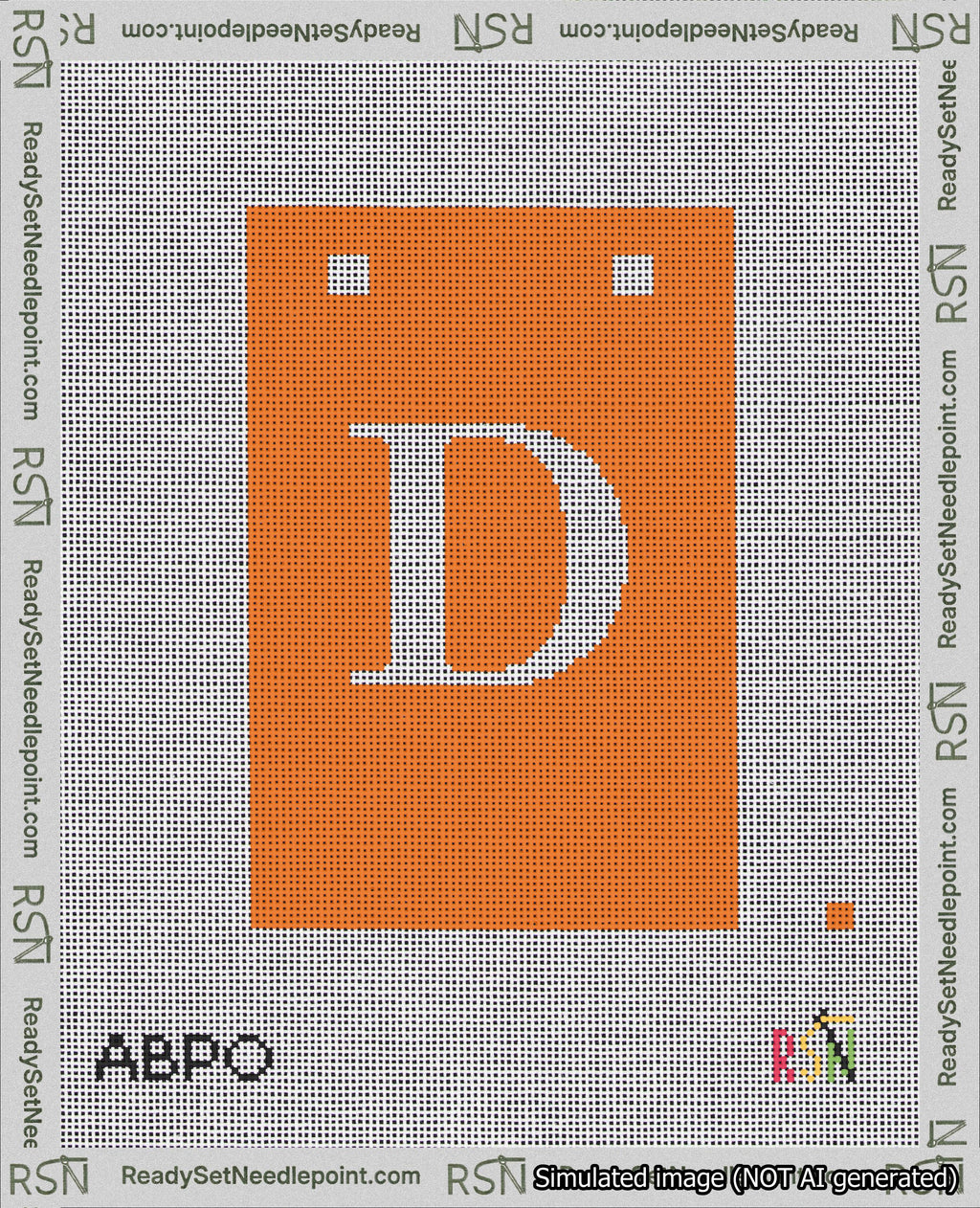 A taped needlepoint canvas with the design: Banner 18 mesh count Squared D White on Orange.
