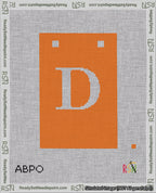 A taped needlepoint canvas with the design: Banner 18 mesh count Squared D White on Orange.